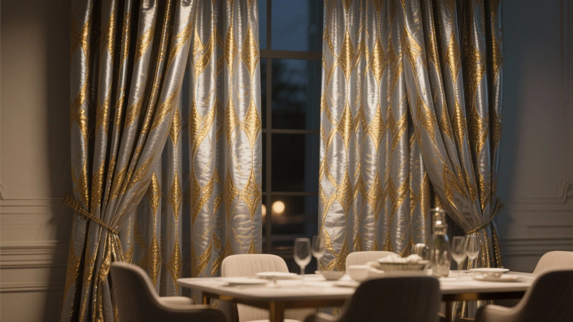 Luxury dining room featuring grey and gold patterned curtains with a large white dinner table