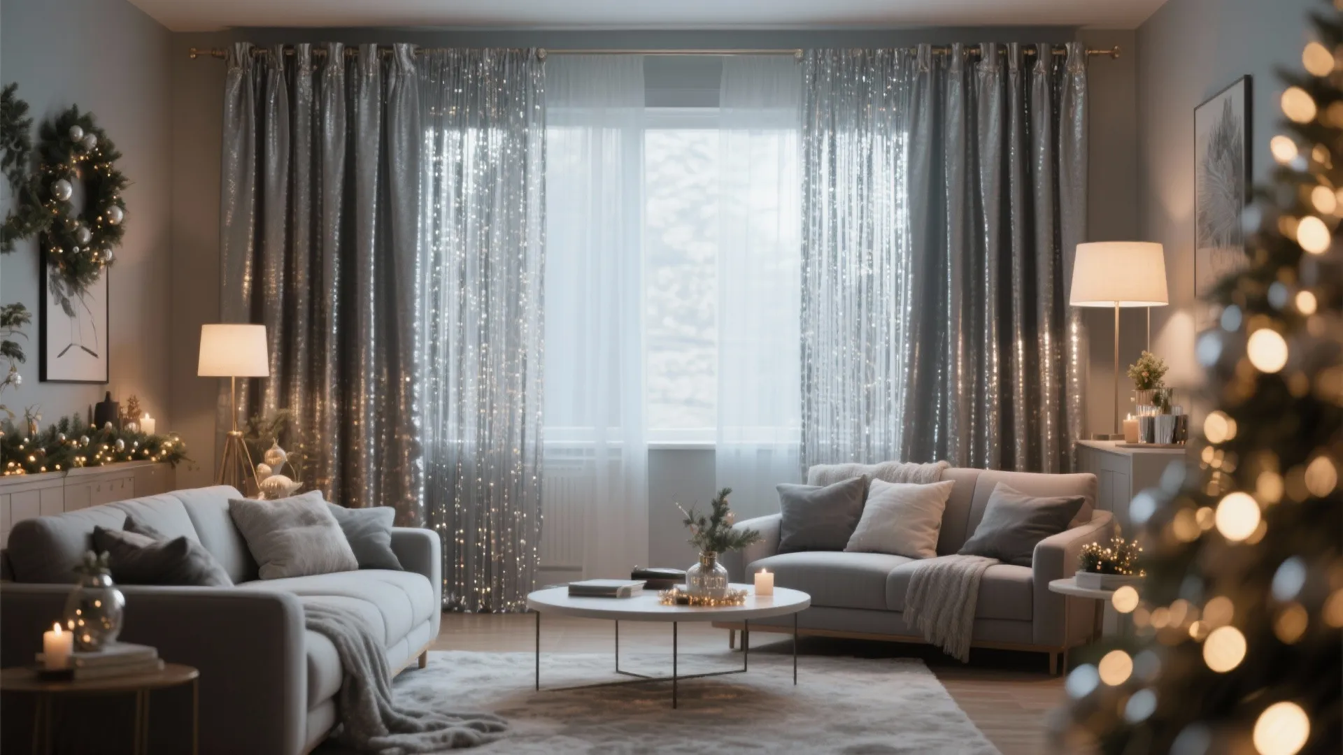 Festive living room with grey sofas sparkly silver curtains christmas tree decorations and warm floor lamps
