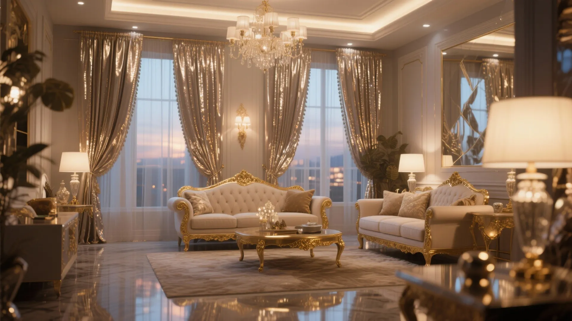 Luxury living room with shiny gold curtains elegant white sofas and a crystal ceiling light