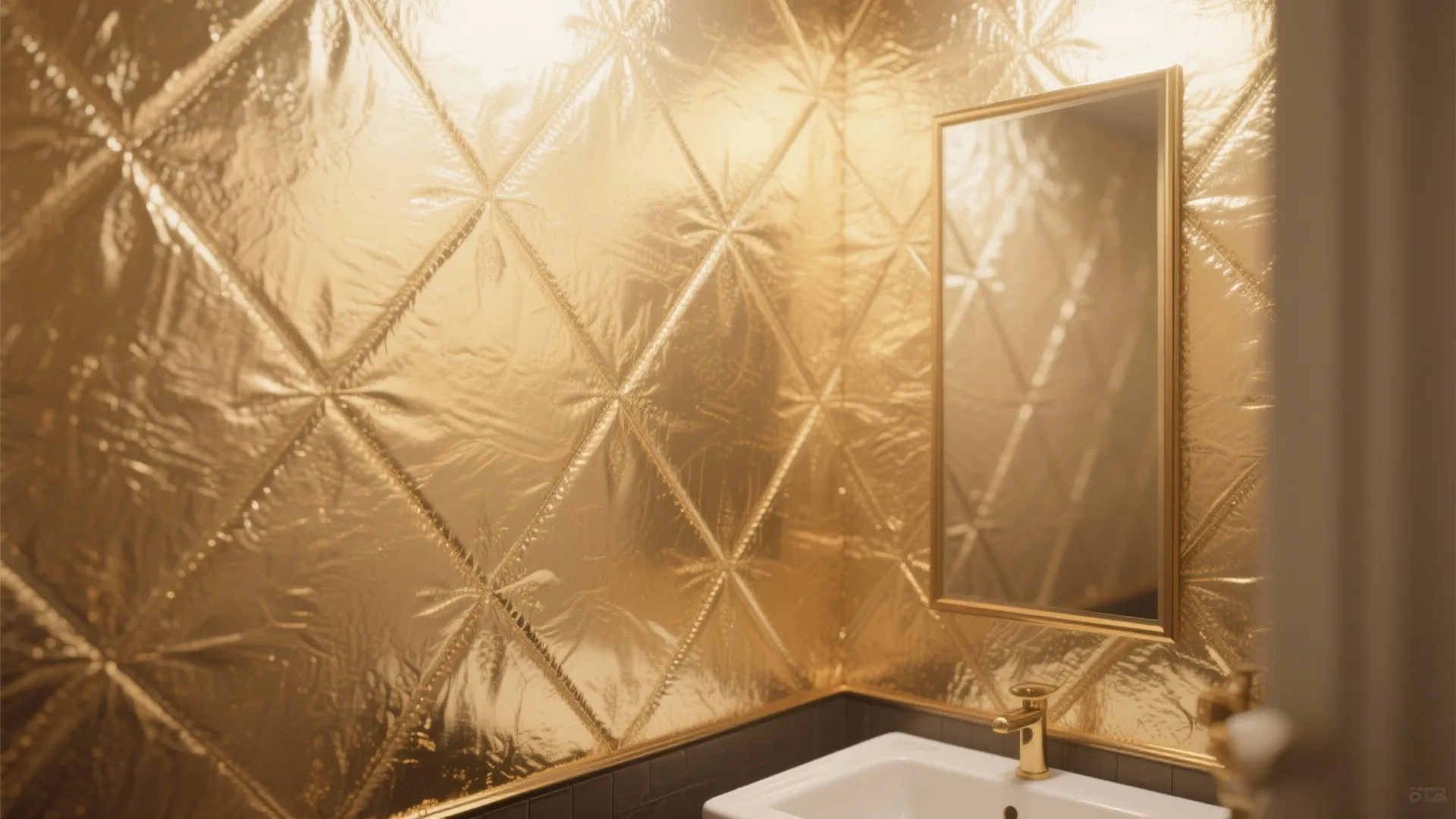 Close-up of soft gold metallic wallpaper reflecting light to add small-space glamour.