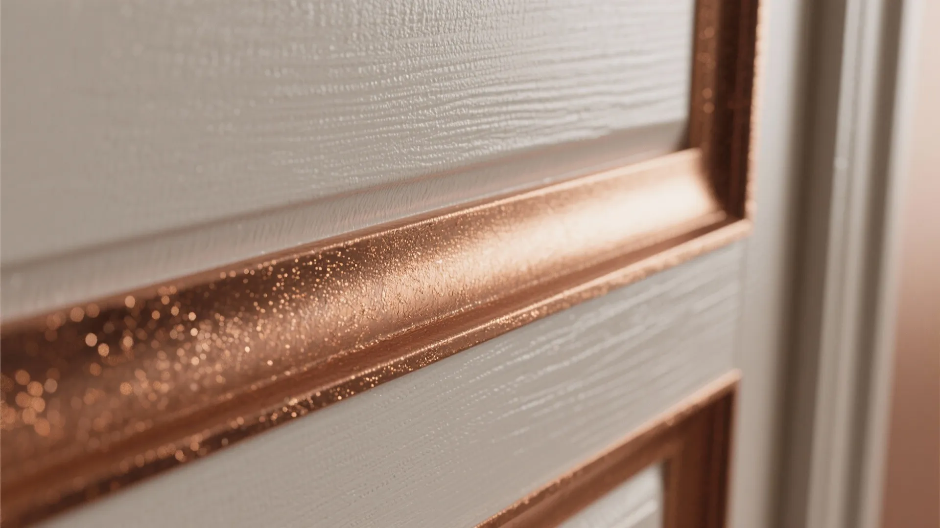 Close up view of a white door with bronze metallic paint details on the wall panel