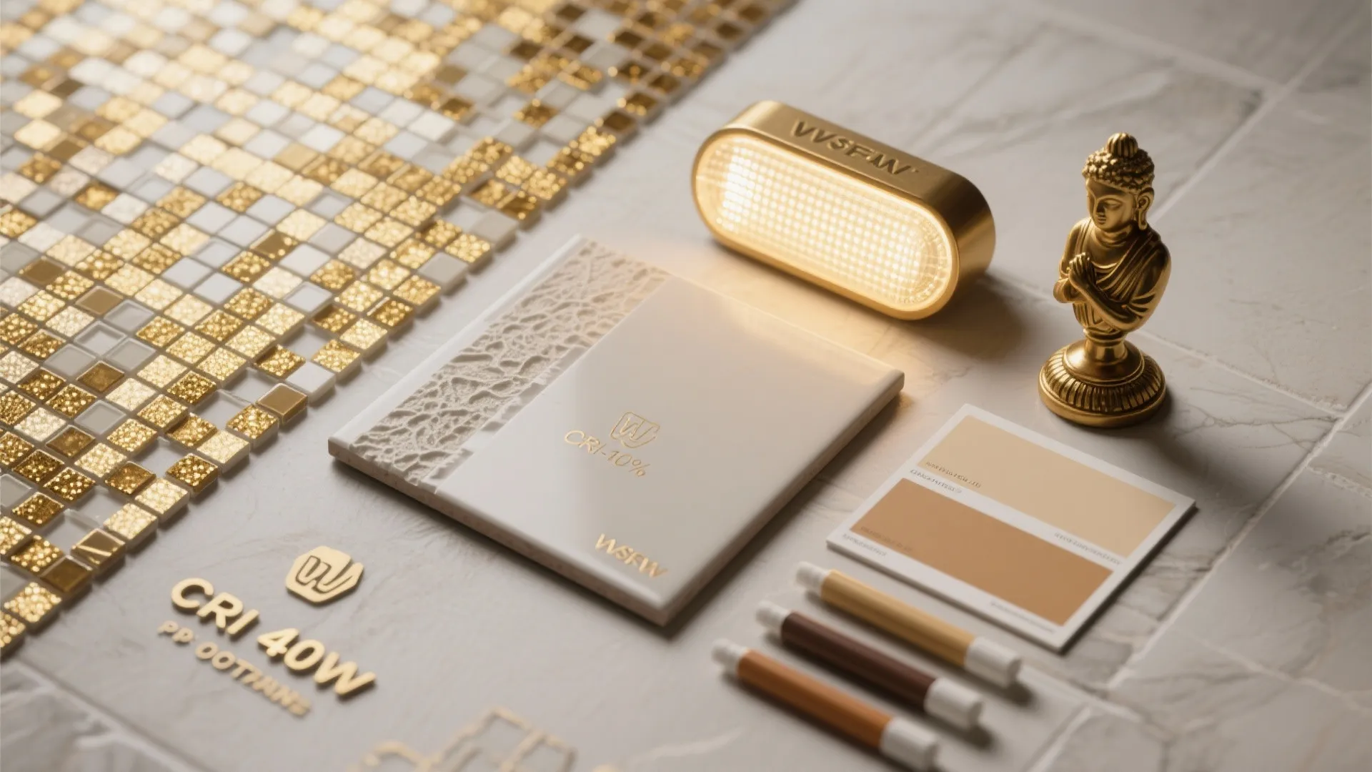 Flatlay with matte porcelain, antique gold micro-mosaic, warm LED diffuser, and grout samples.