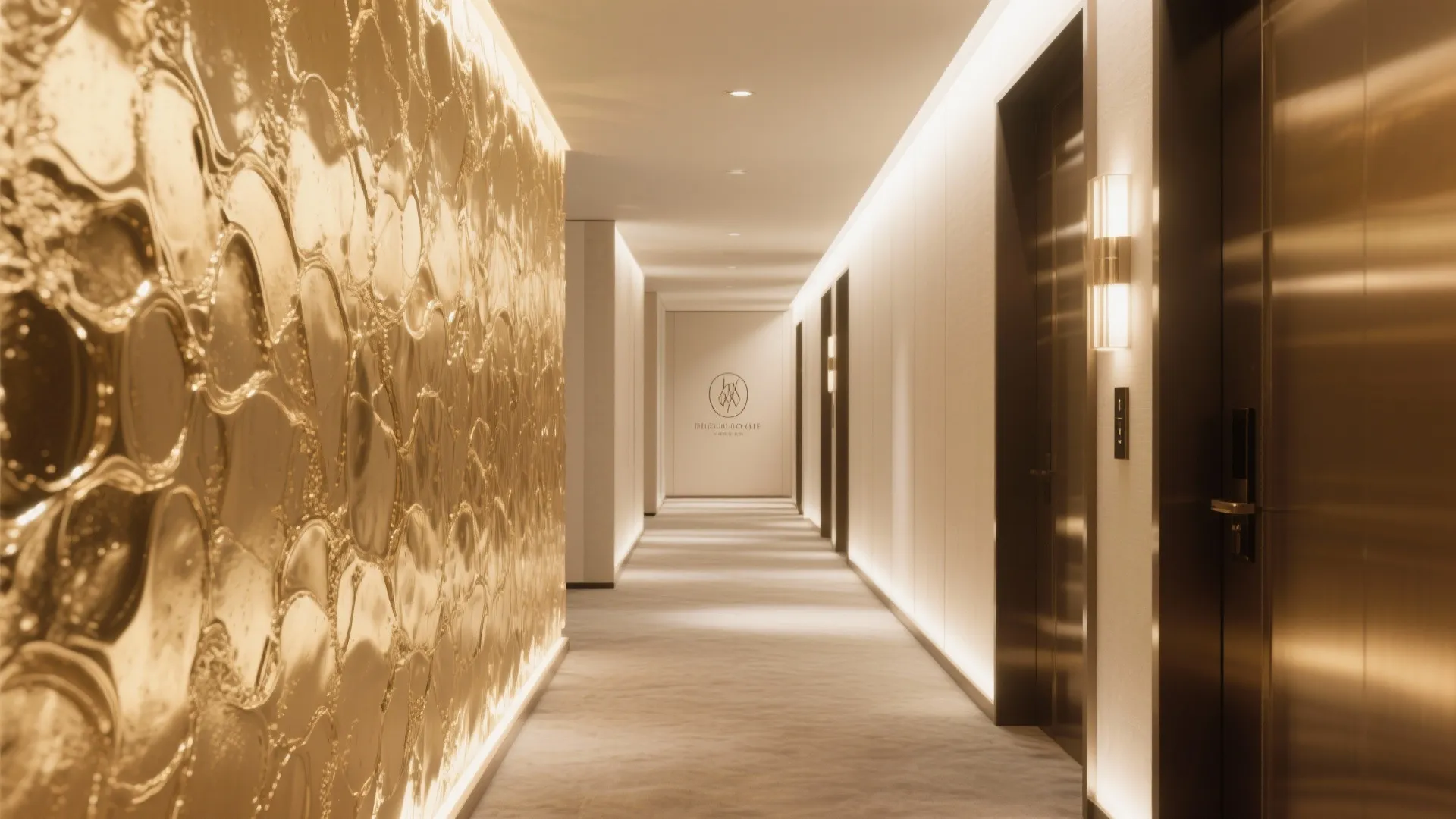 Luxury hallway featuring a gold textured feature wall with warm light fixtures and a carpeted floor