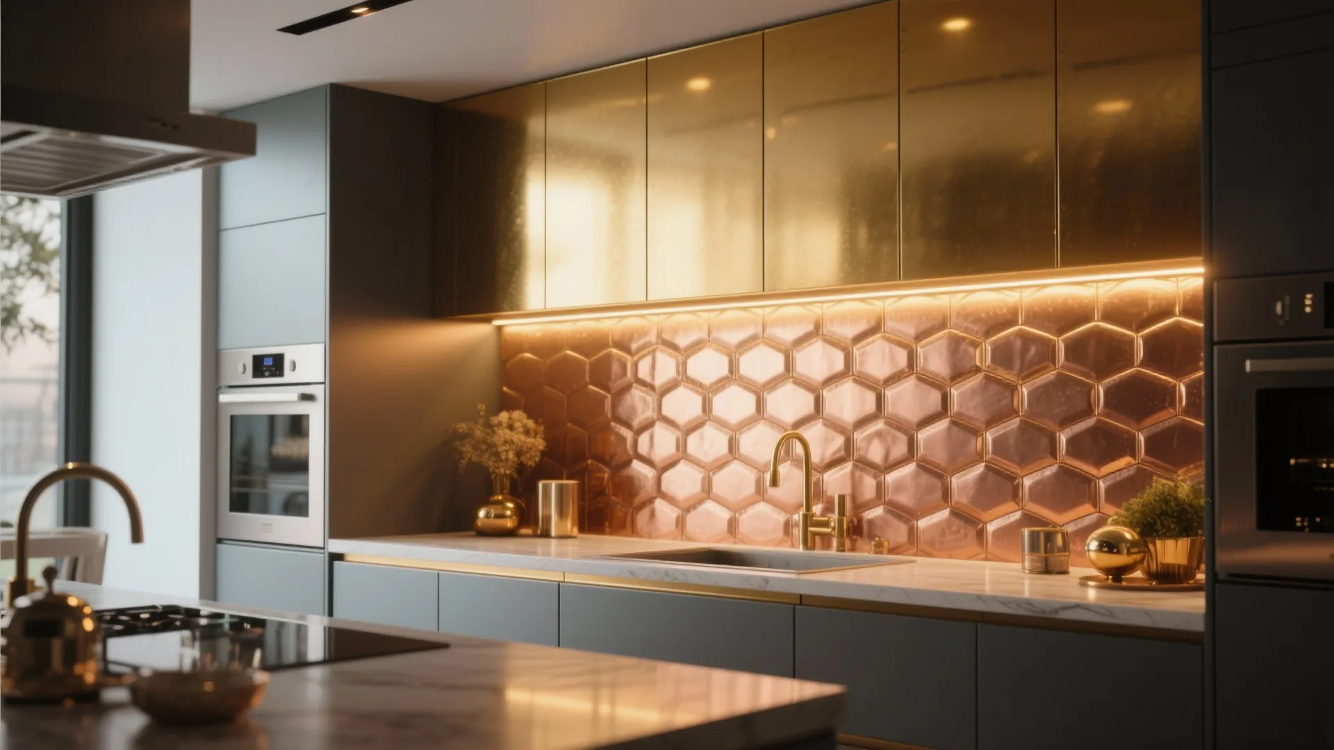 Kitchen with gold and copper metallic accent wall