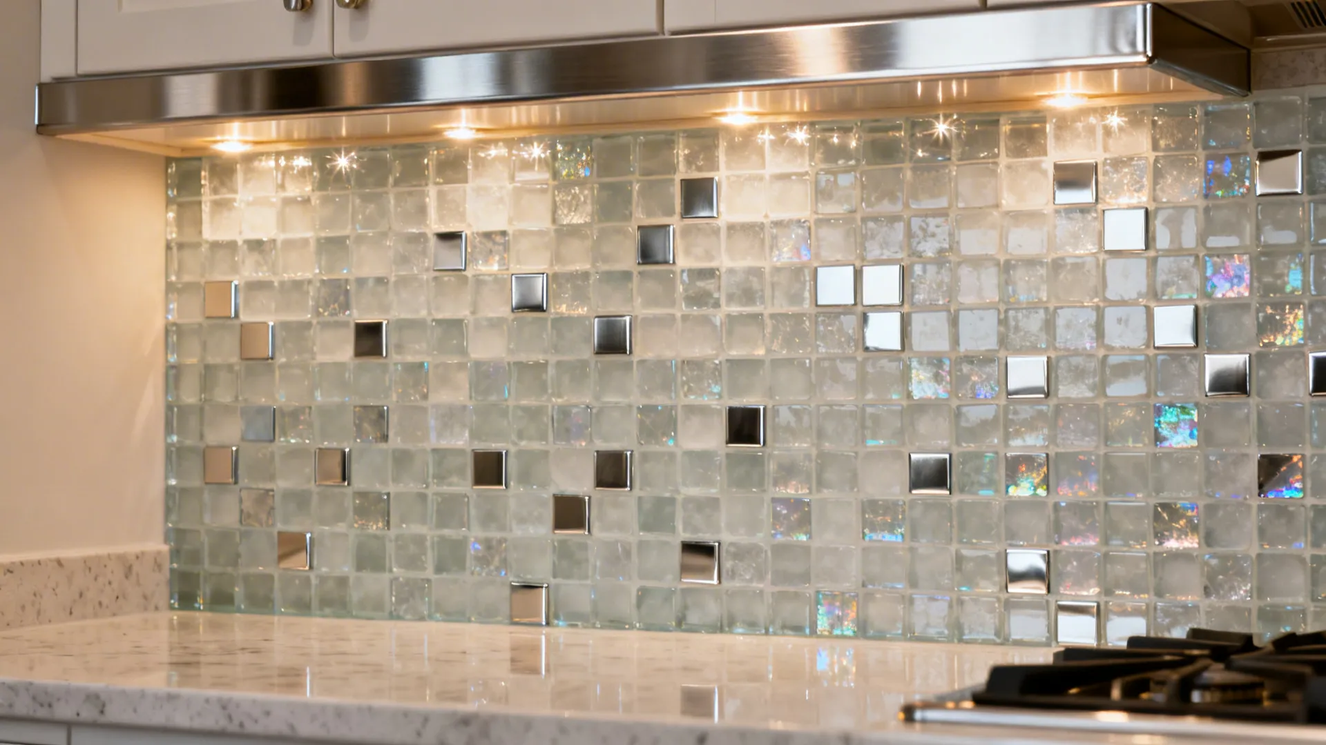 Neutral glass mosaic backsplash with subtle metallic accent chips sparkling under warm LEDs.