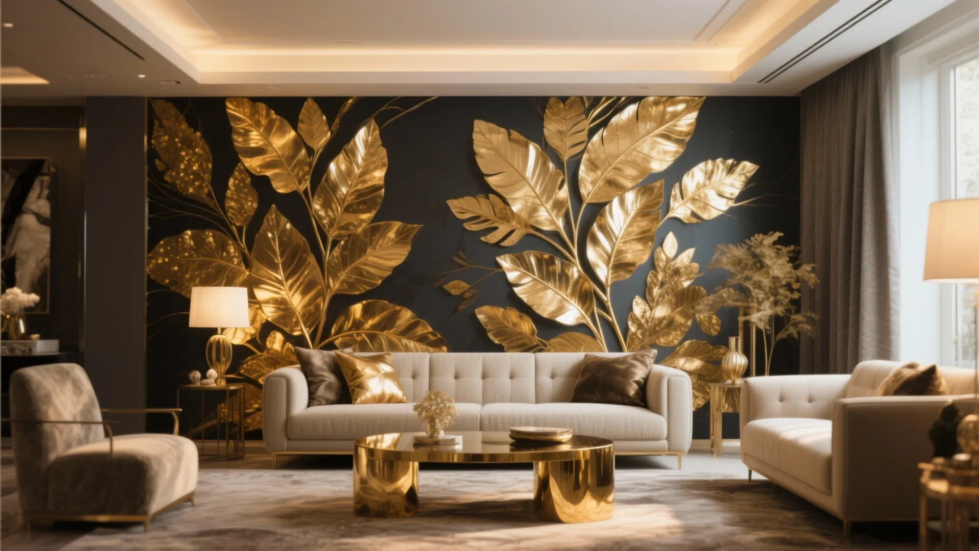 Close-up of gold leaf detailing on a living room mural