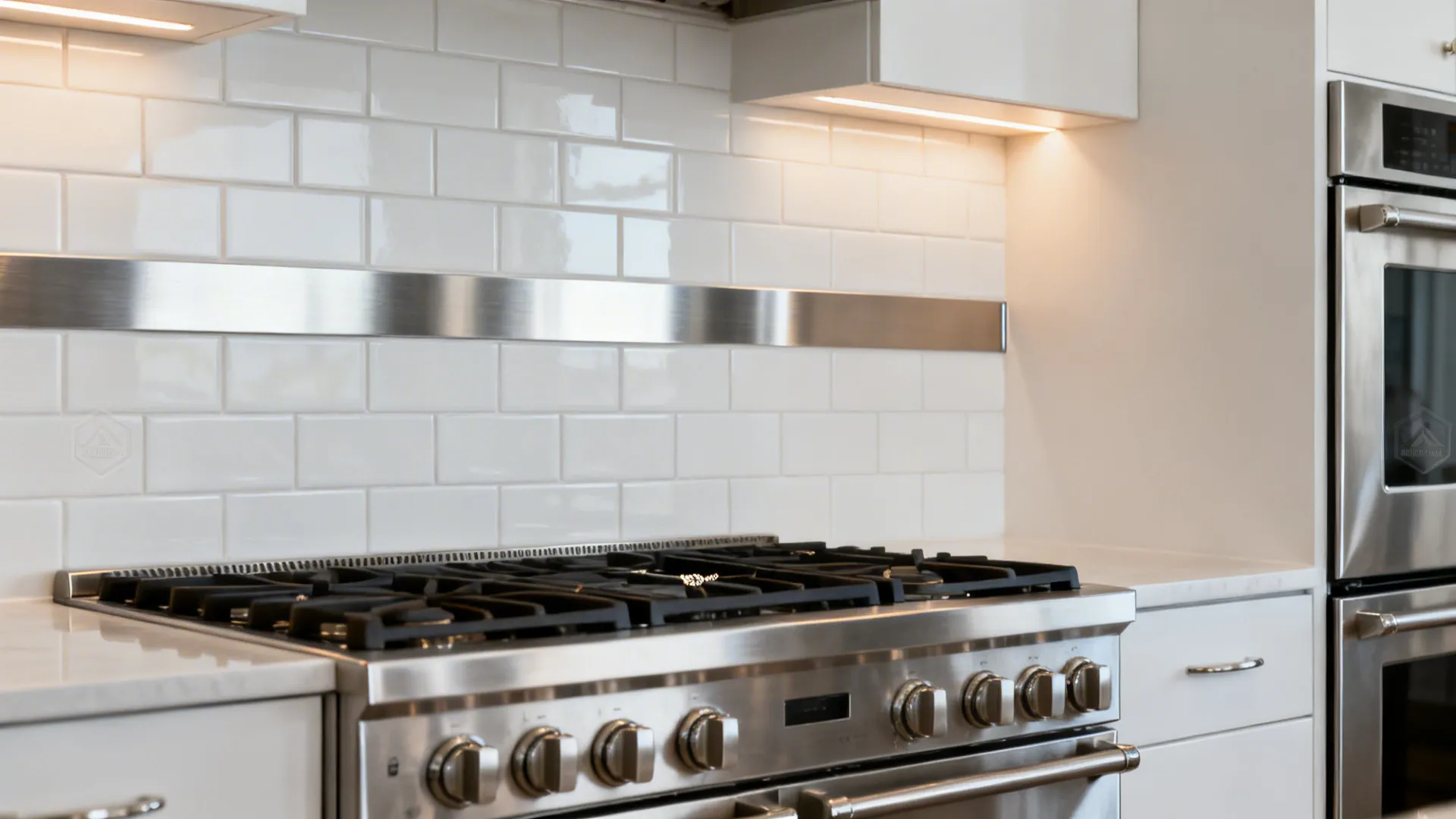 White subway backsplash with a slim brushed stainless accent strip behind the range.