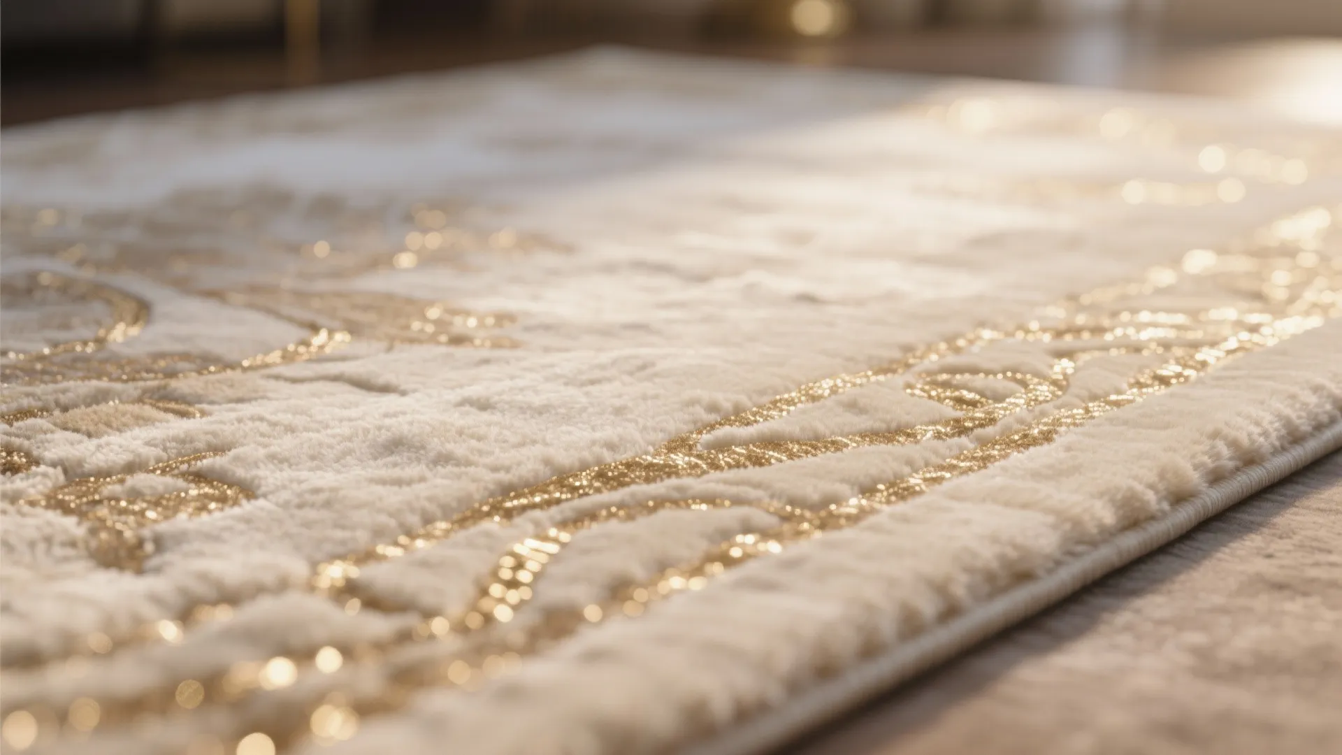 Close up of soft white rug featuring gold metallic patterns and textured details in sunlight
