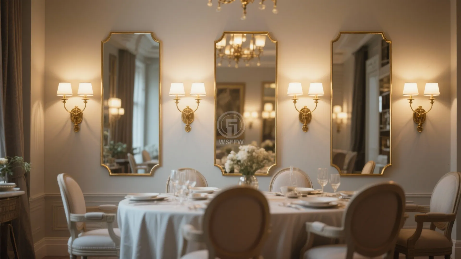 Dining room with brass mirrored-back sconces reflecting light