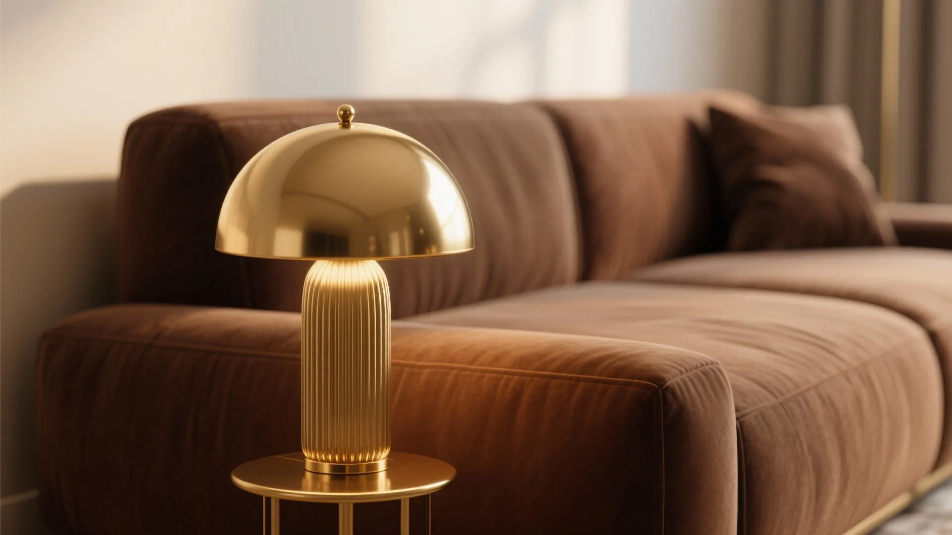 Gold floor lamp detail next to brown sofa