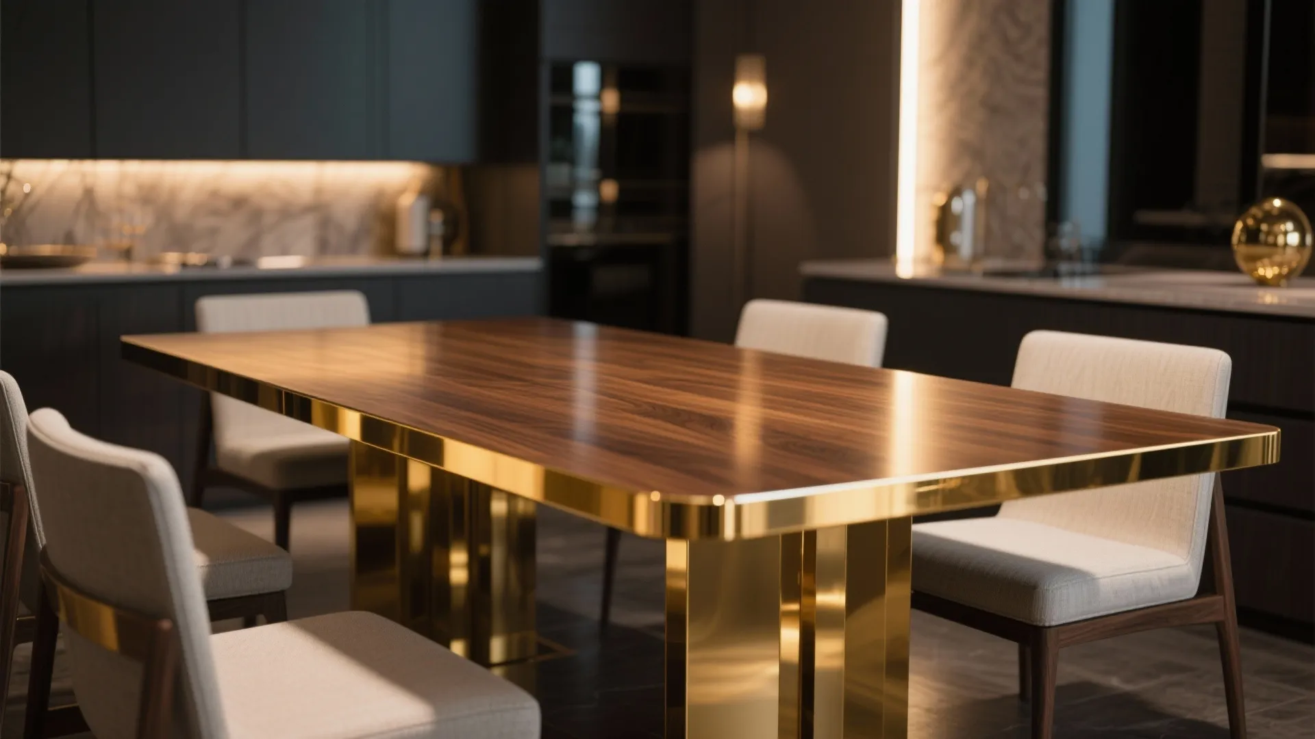 Dining table with gold metallic trim in elegant dining space
