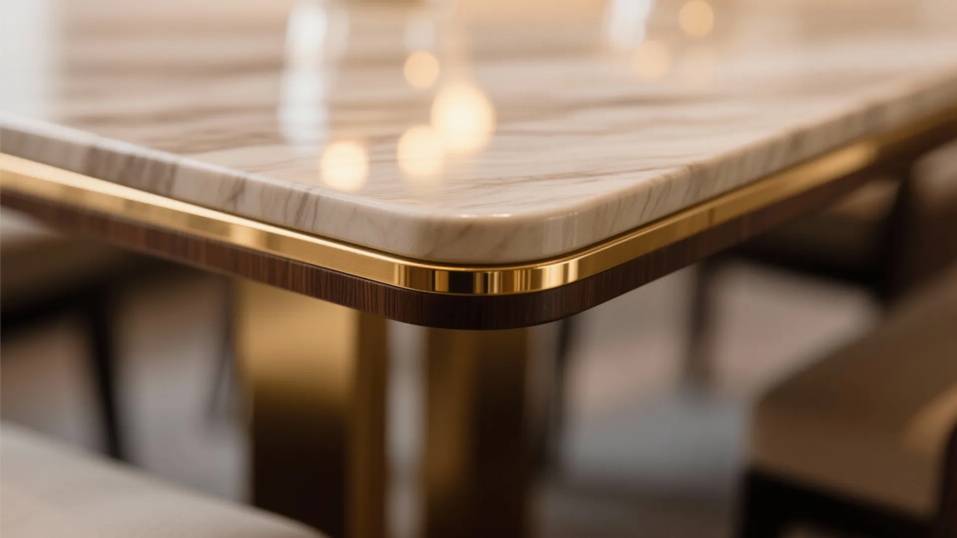 Close up of a marble dining table with gold metal edges and dark wood detail