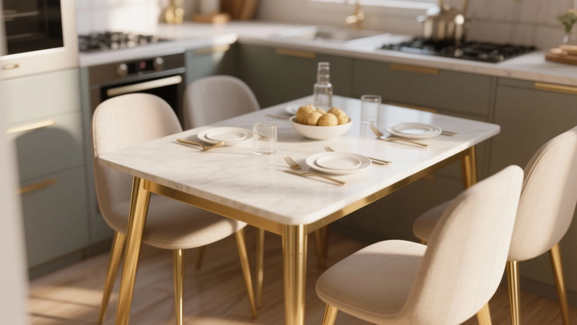 Marble dining table with gold metal legs surrounded by four beige chairs in green kitchen