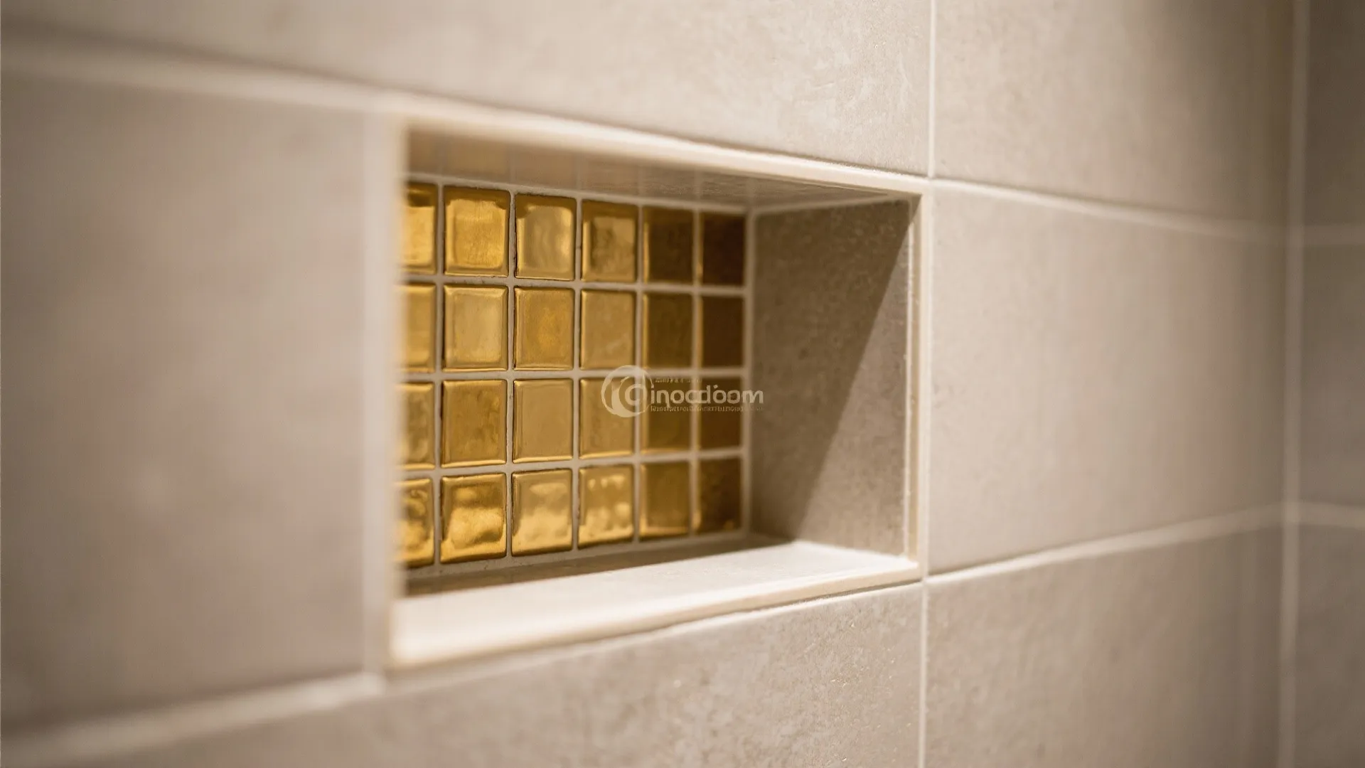 Modern bathroom wall recessed shelf featuring gold metallic square tiles surrounded by large beige wall tiles