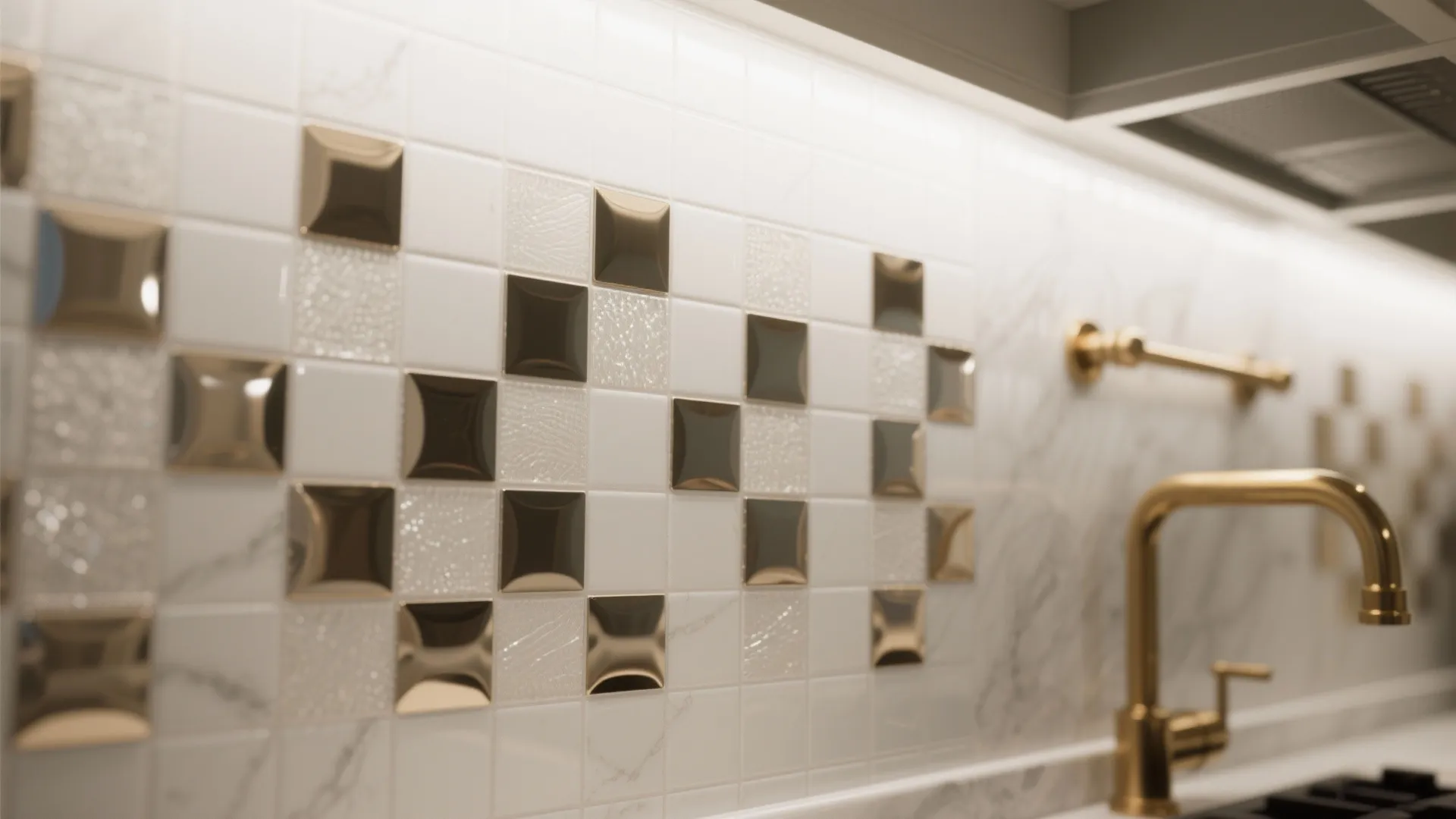 Mirrored and metallic accent tiles bouncing light in a white kitchen