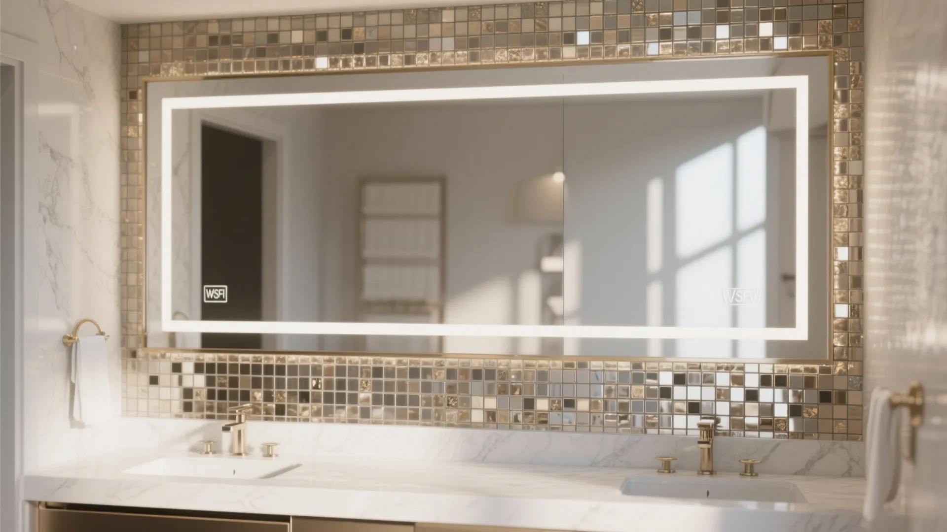 Modern bathroom with gold metallic tiles large lighted mirror double sinks and white marble wall