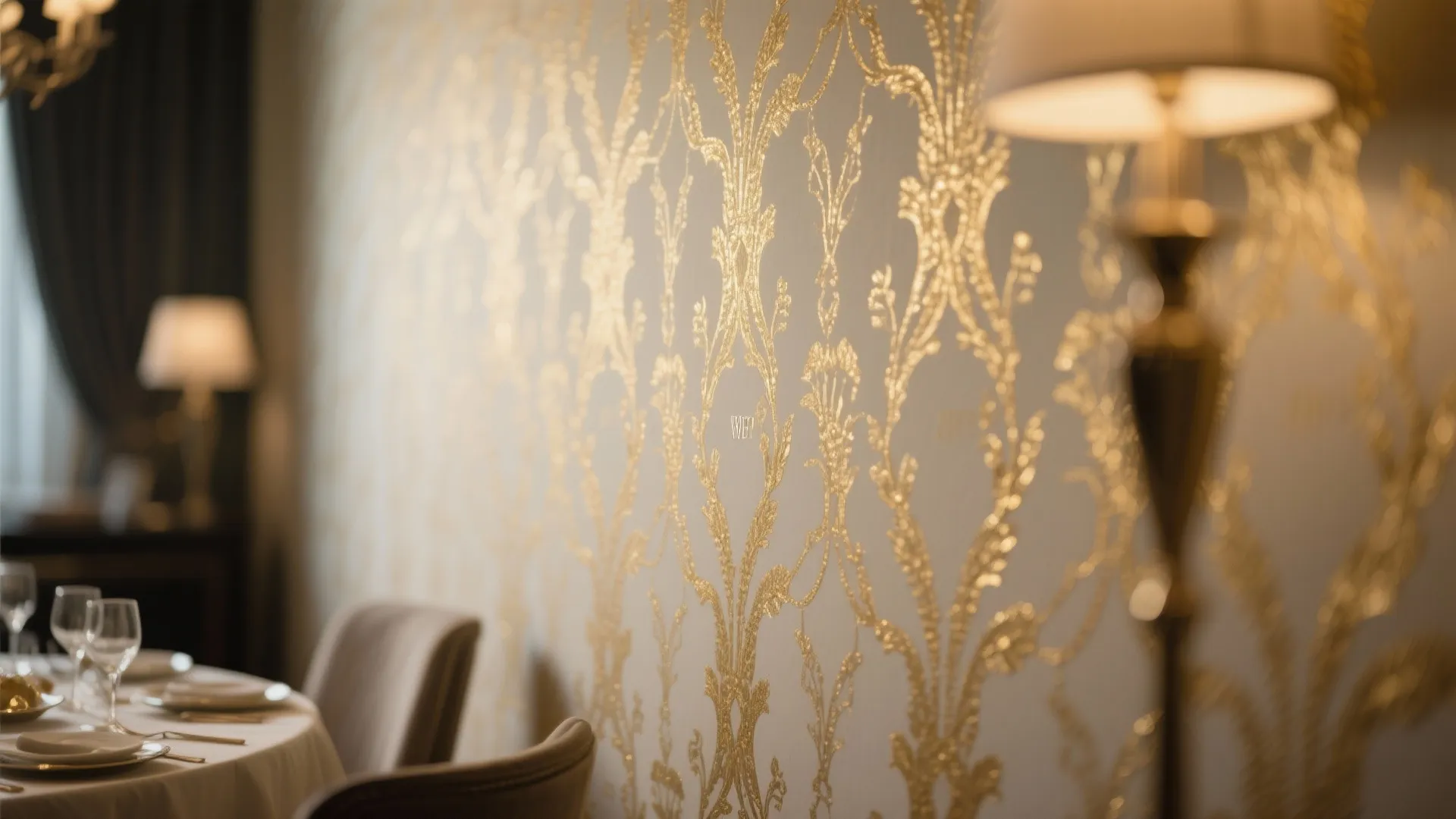 Close-up of wallpaper with subtle gold metallic threads
