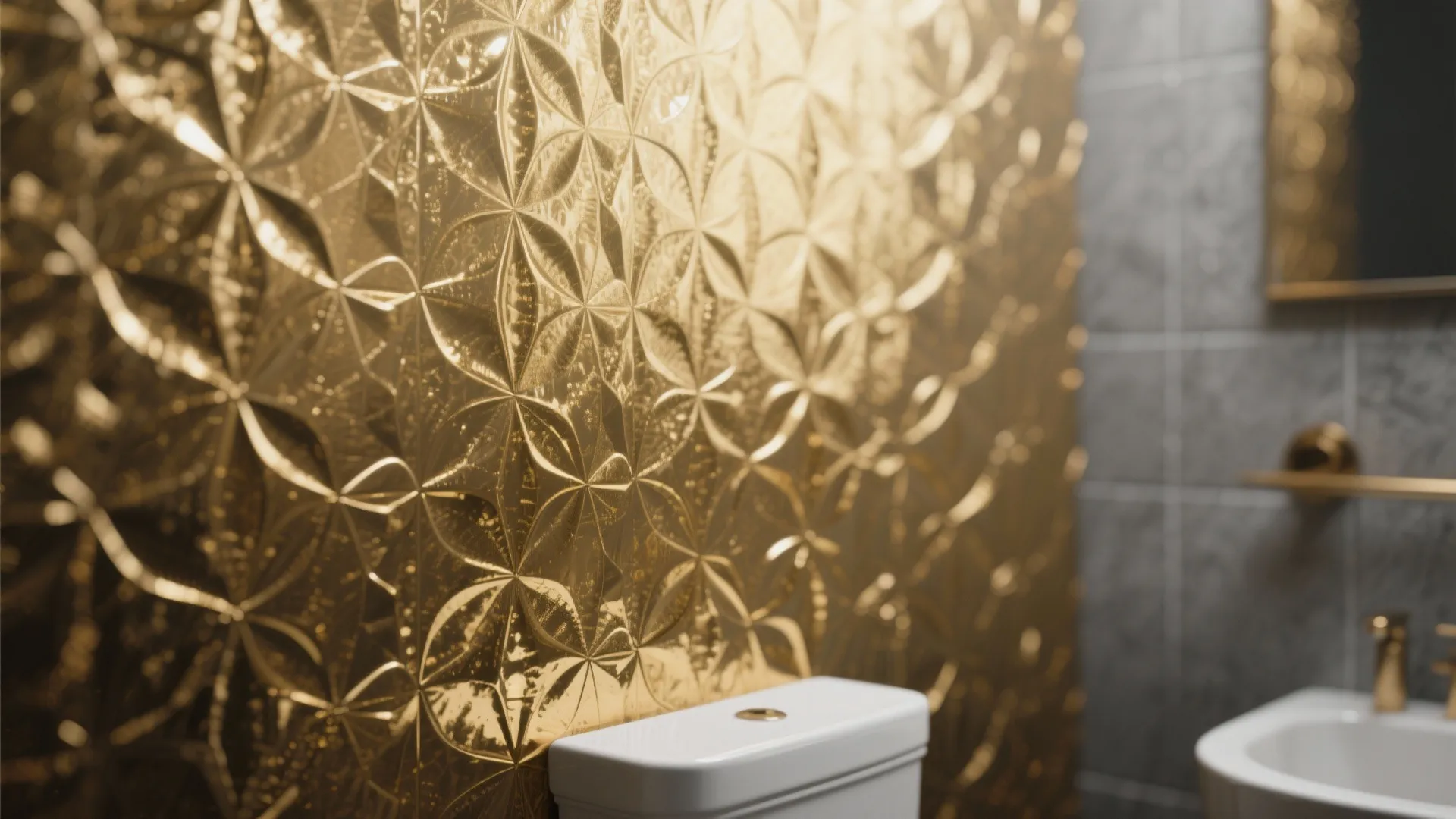 Gold textured bathroom wall with pattern behind a white toilet tank next to a sink