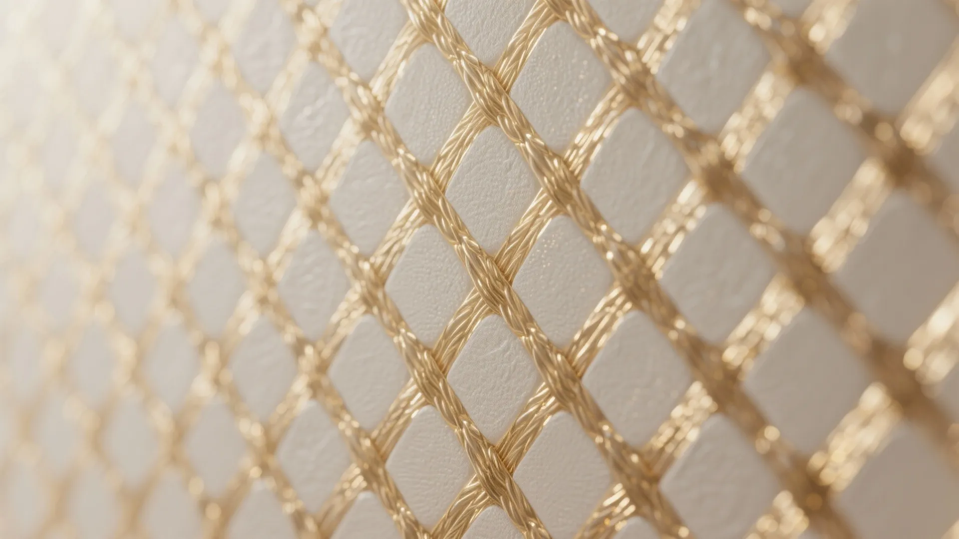 Close-up of metallic wallpaper with gold threads on neutral base