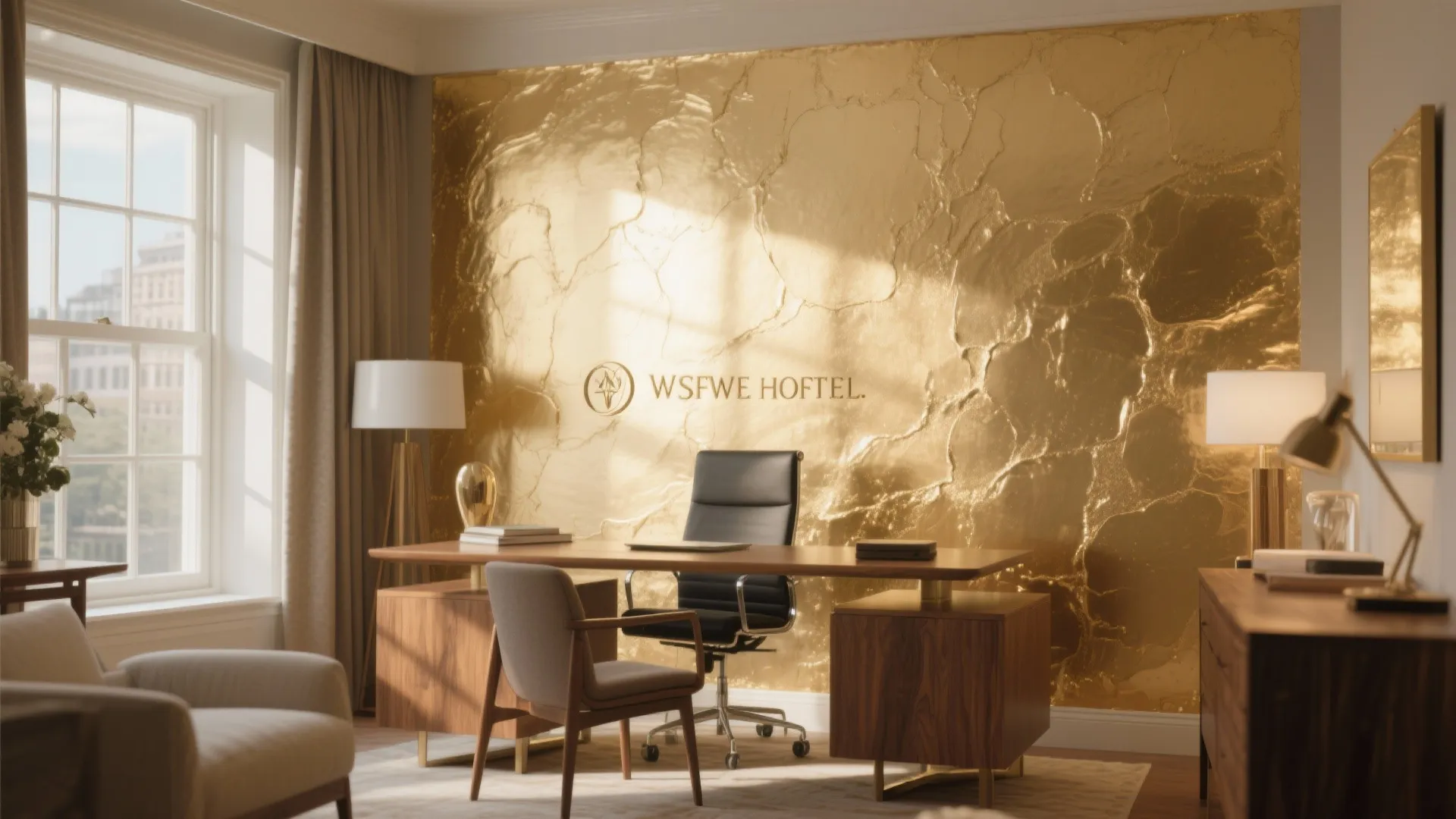 Home office with gold textured wall panel wooden desk black chair and white table lamp