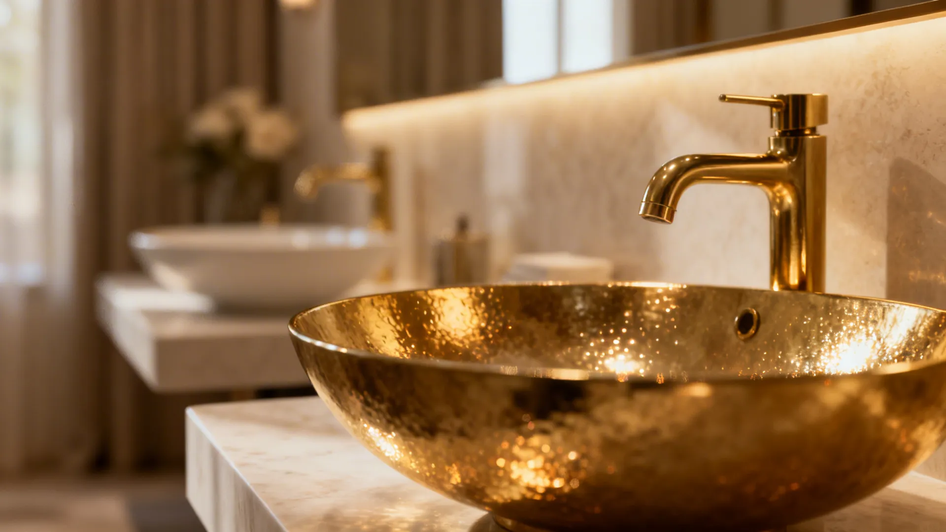 Wallpaper detail showing soft brass metallic accents catching warm light in a small bathroom.
