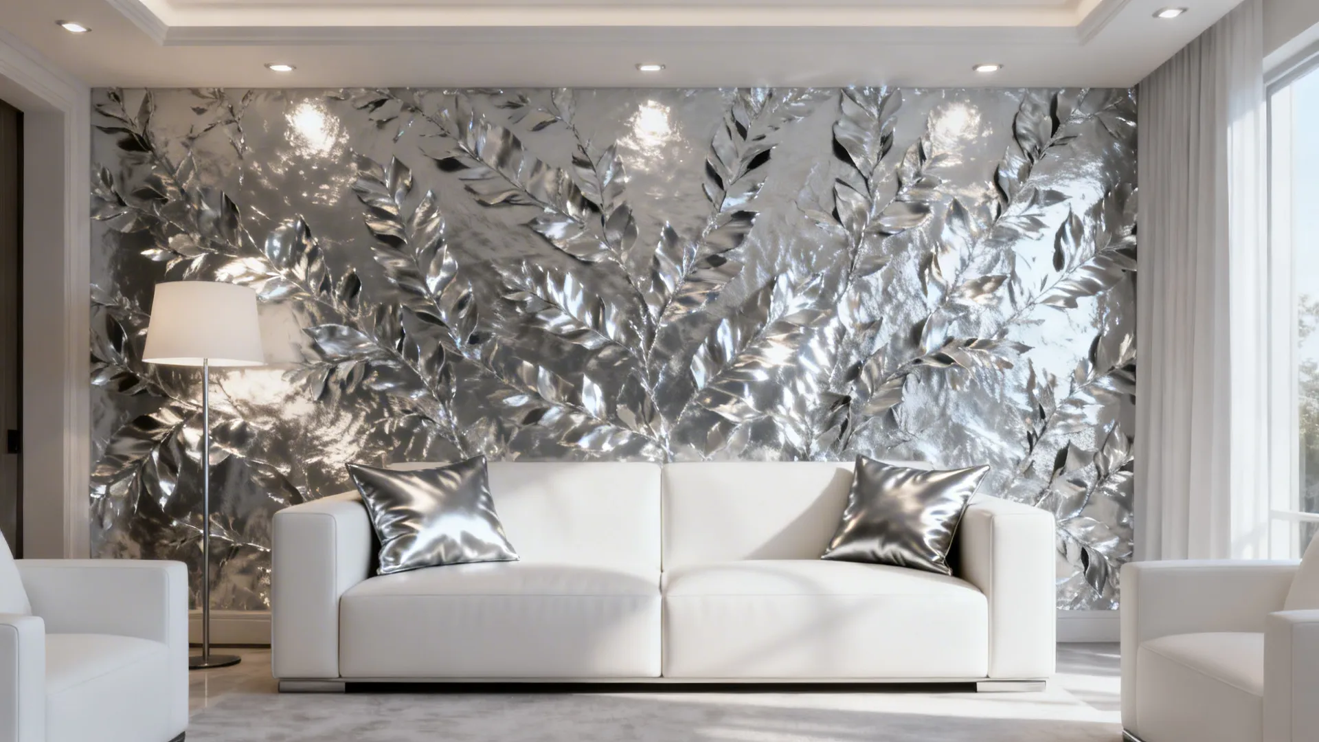 Silver wall panel with leaf patterns behind white sofa, silver pillows, floor lamp, and curtains