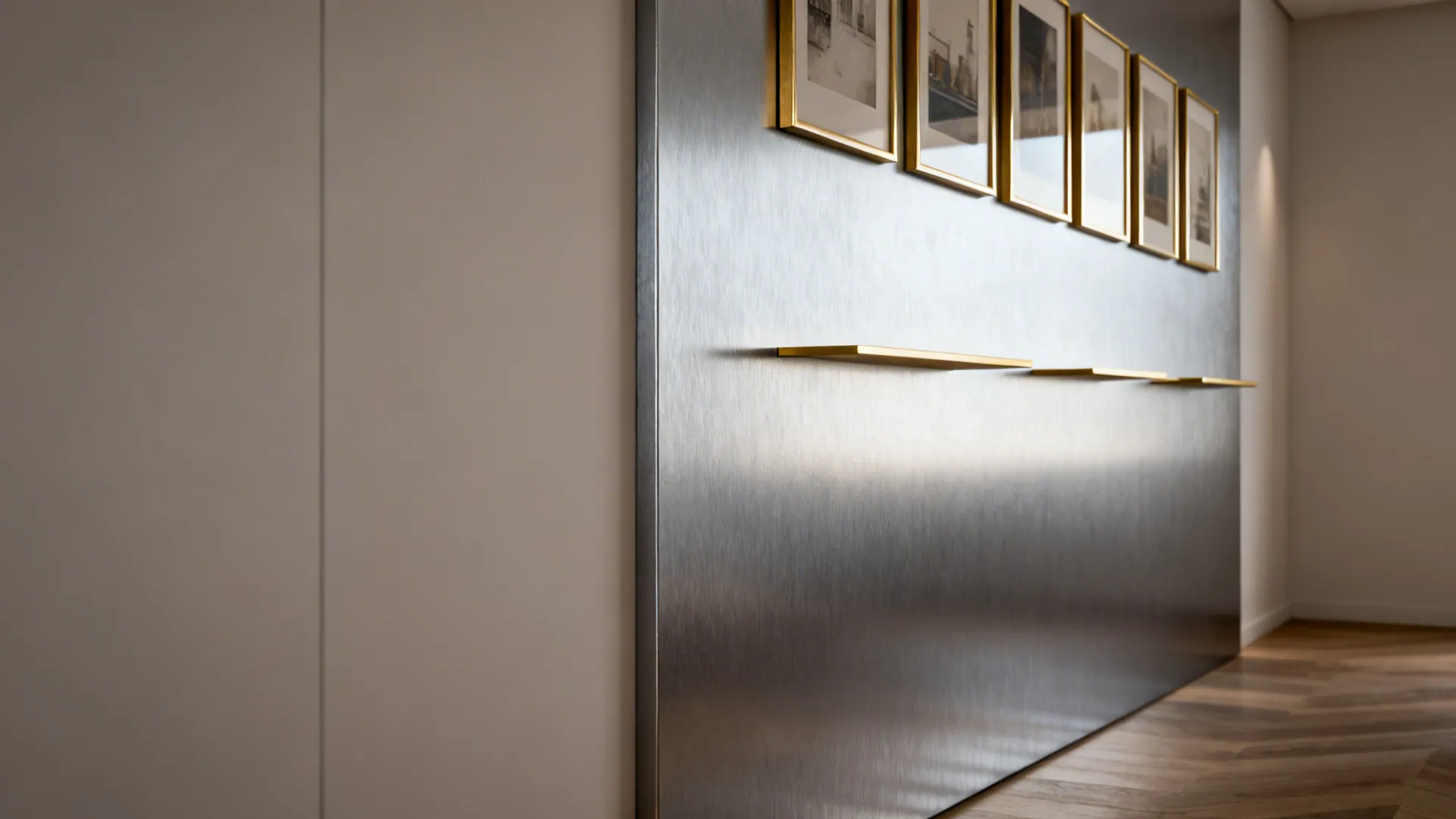 Brushed metal accent wall with small gold shelves framed pictures and wooden floor in light