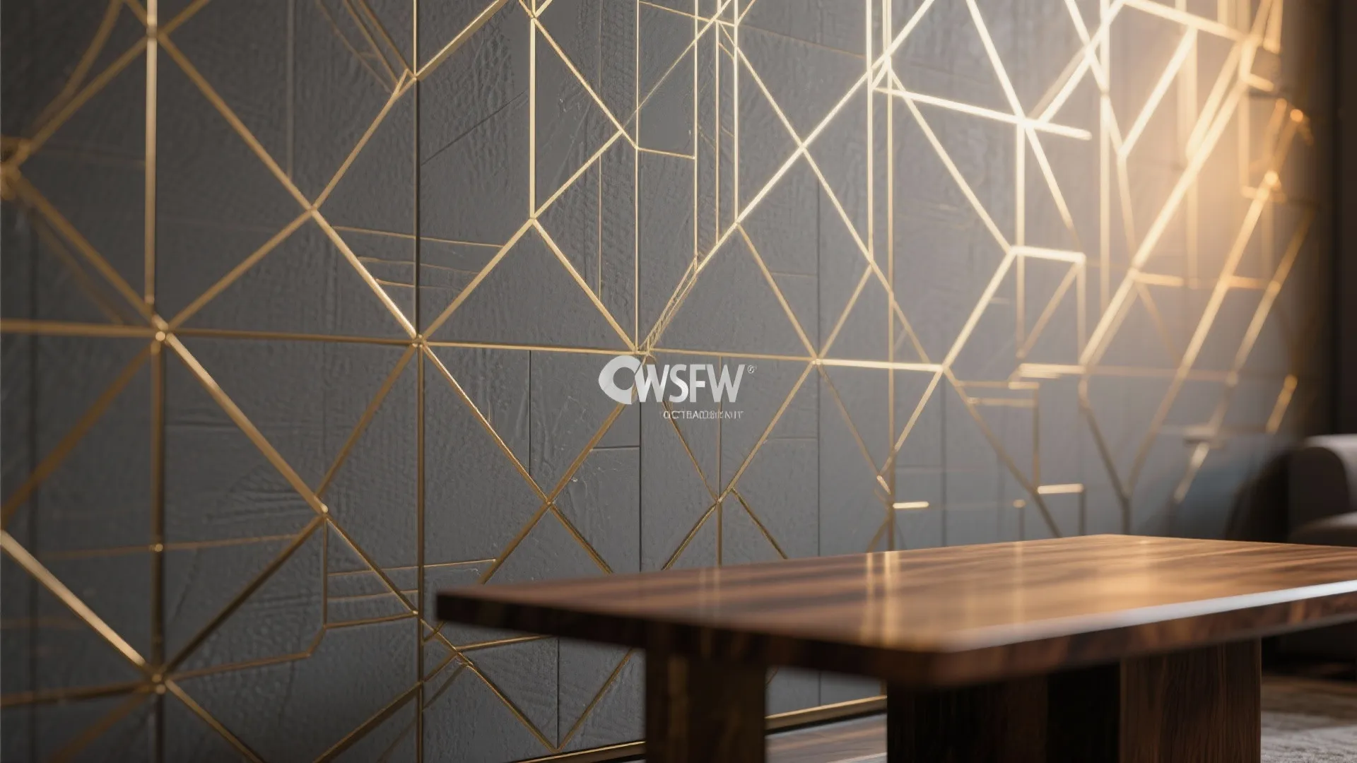 Close-up of matte grey wallpaper with fine gold geometric lines under warm light