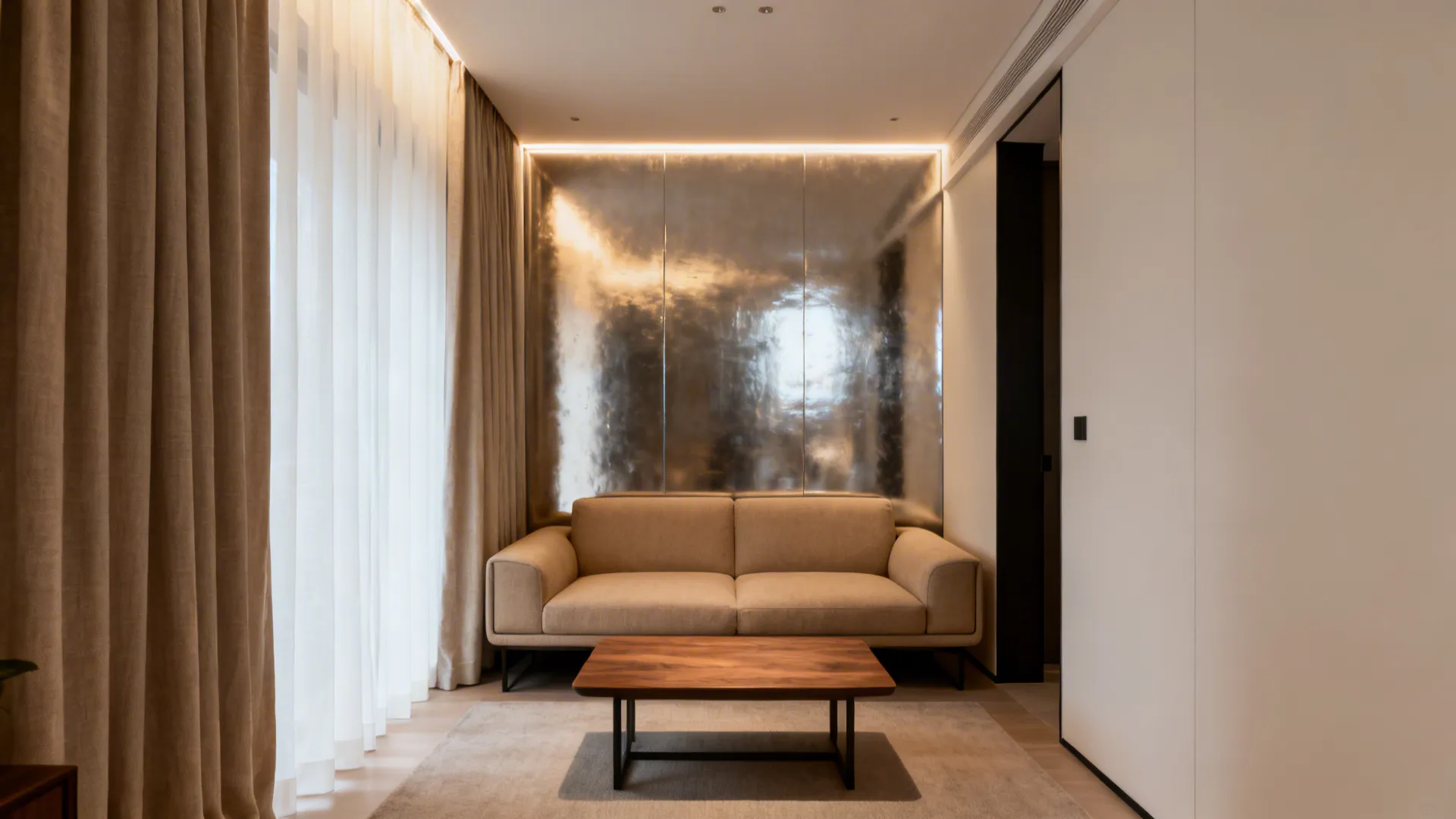 Small living area with beige sofa wooden coffee table gold metallic wall and warm light