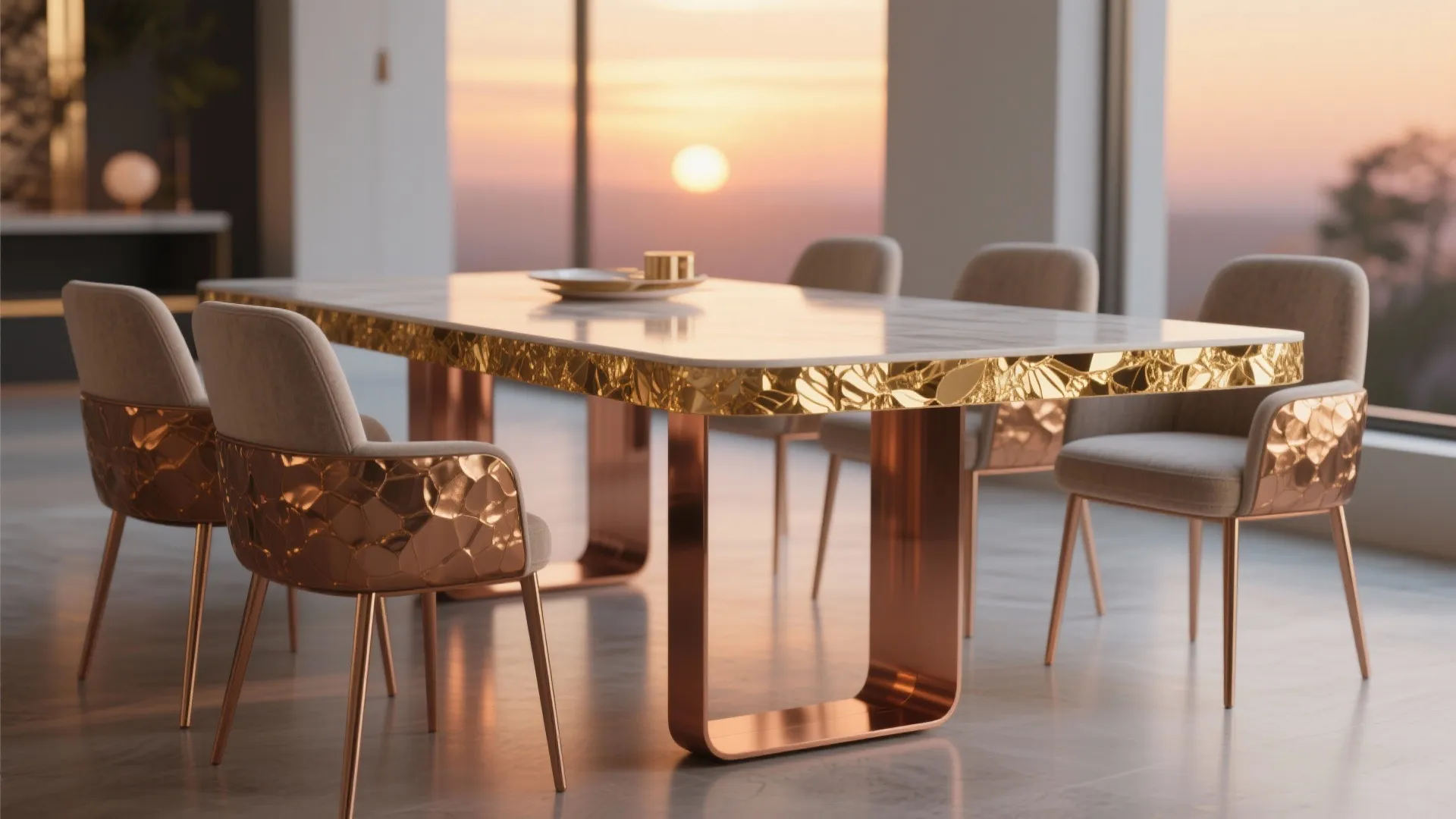 Modern marble dining table with gold metal edges and matching chairs during a beautiful sunset