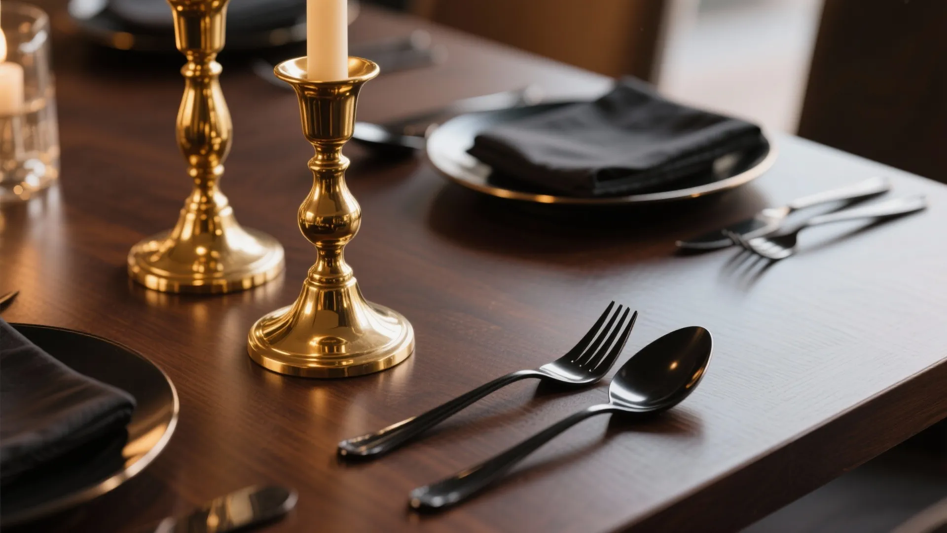 Elegant dining table setting with golden candle holders black plates and metal forks and spoons
