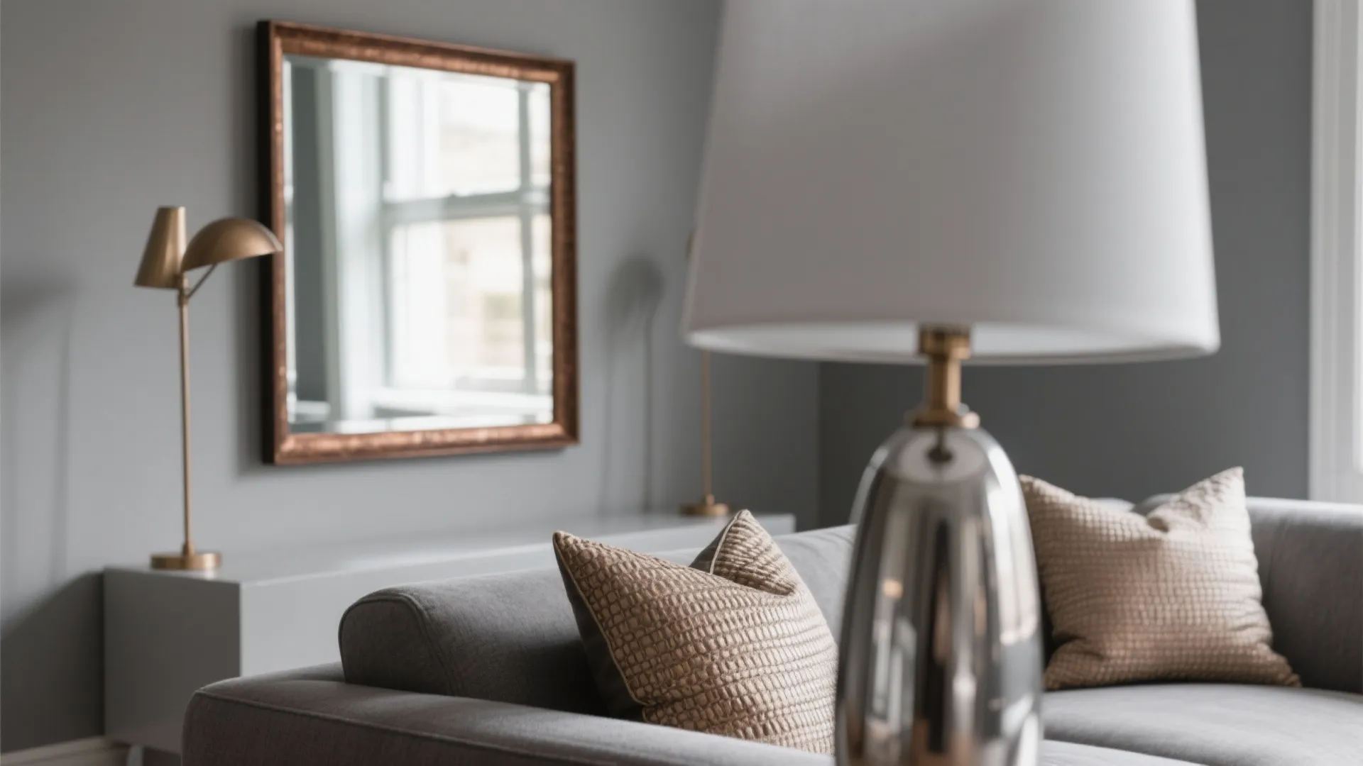 Modern grey sofa with textured pillows featuring metallic desk light and square mirror on wall