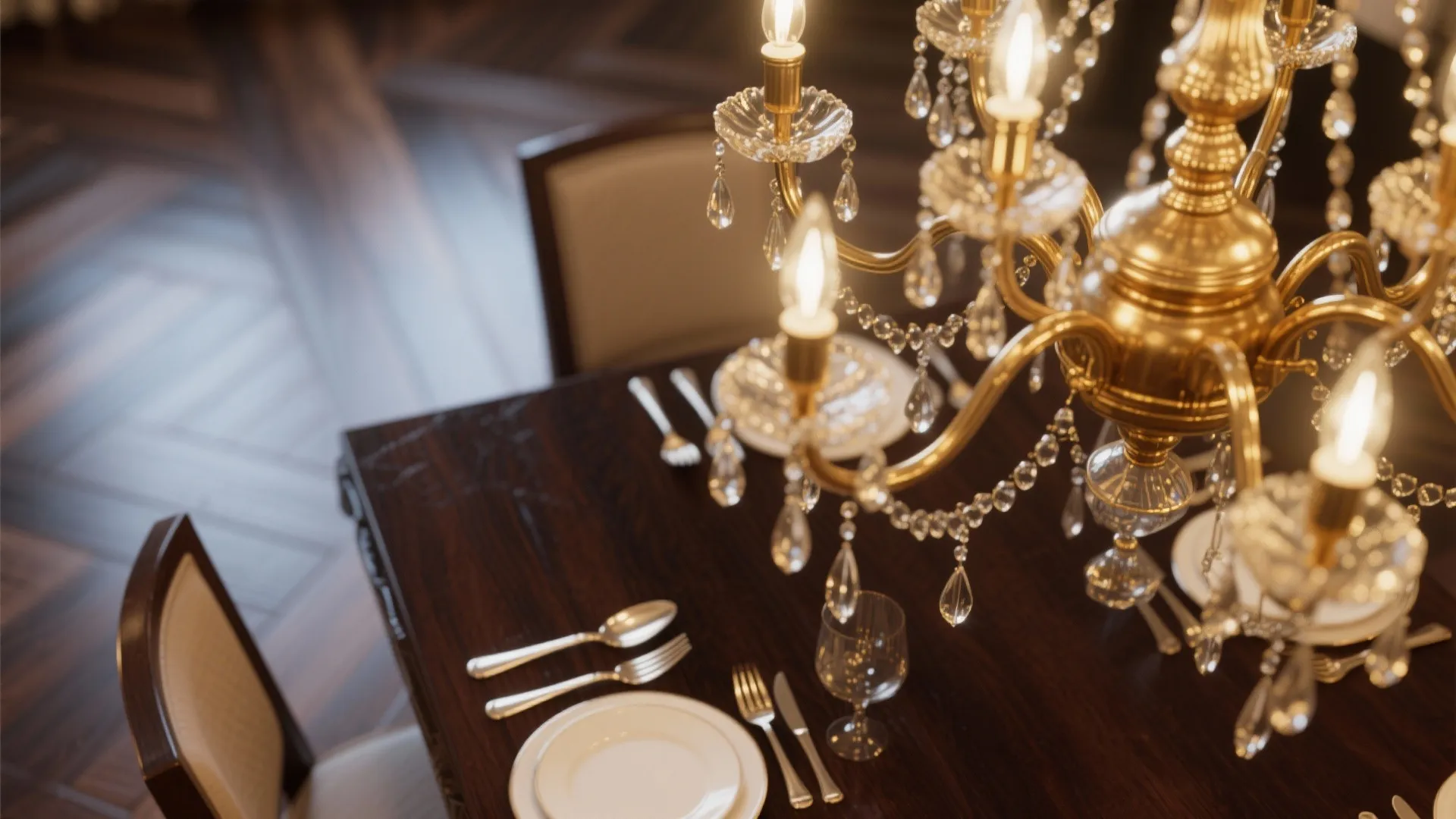 Golden crystal ceiling light hanging over dark wood dining table with white plates and cutlery