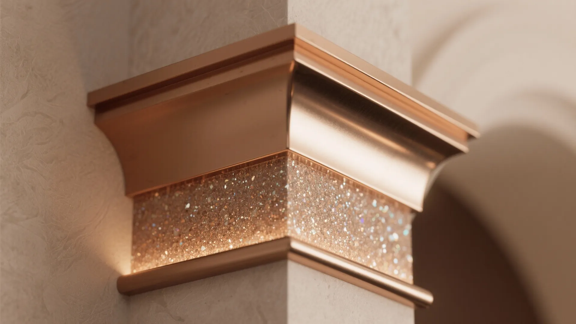 Close up of a wall corner with rose gold metal trim and glittery decorative band