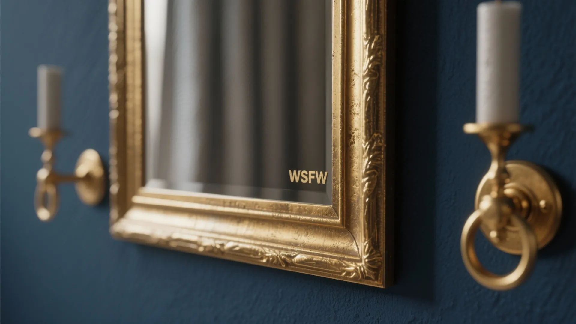 Close up of a gold mirror frame with two gold wall lights on blue wall