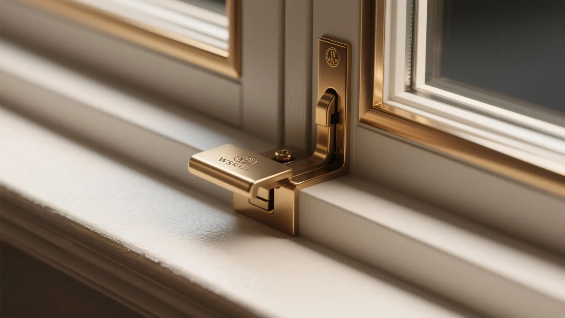 Close up of a luxury gold window handle and metal trim on a white window frame