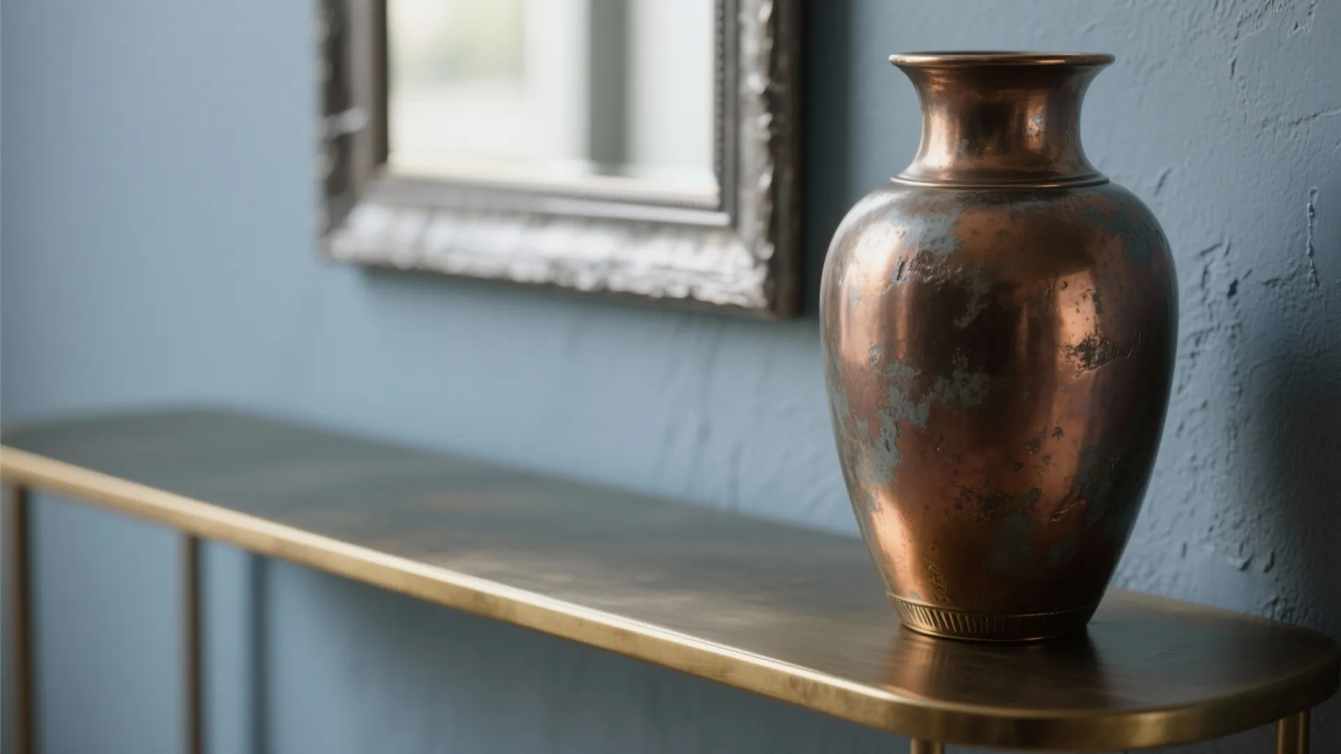 Close-up of brass and aged copper accents against a blue-grey satin wall showcasing layered finishes.