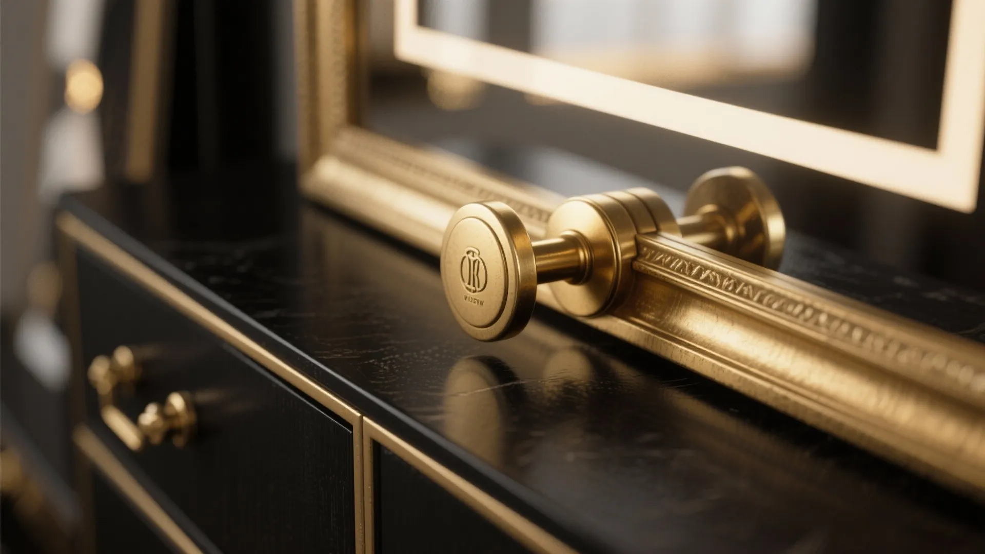 Close up of a black cabinet with gold handles and a matching gold framed wall mirror