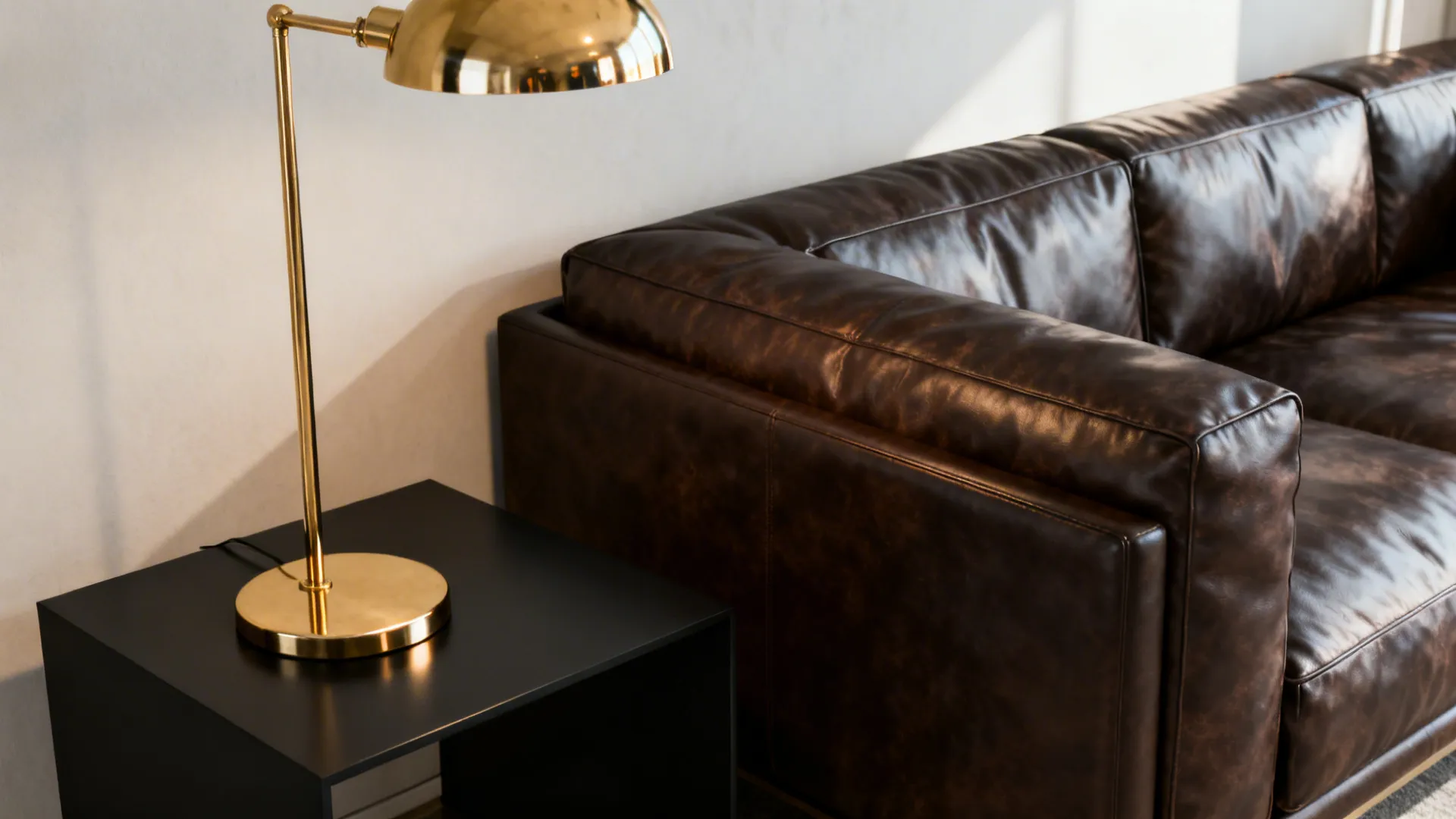 Brass floor lamp and matte black side table beside a dark brown leather sofa