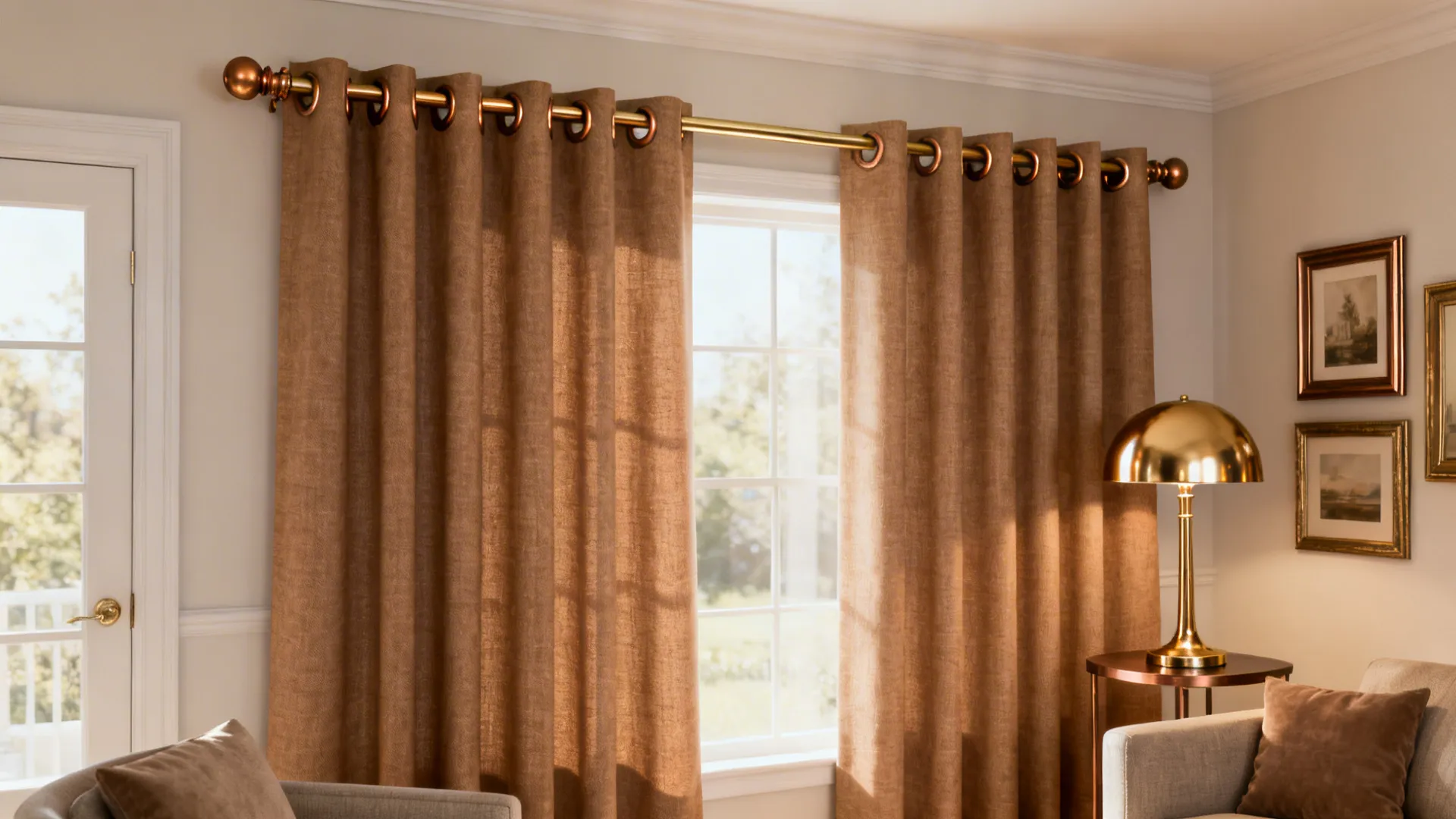 Light brown curtains with brass rod and bronze grommets reflecting warm light in a small living room