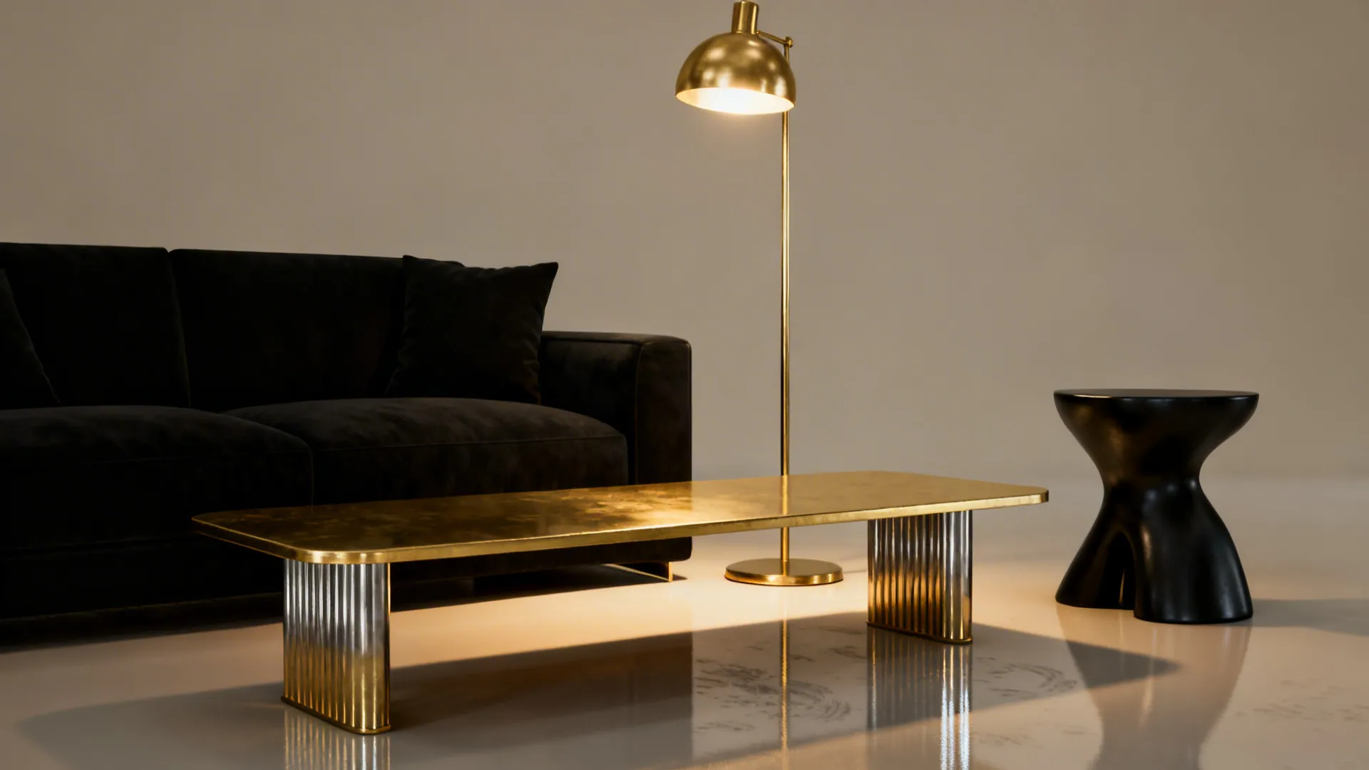 Brass coffee table and brass floor lamp beside a black sofa adding a luxe touch