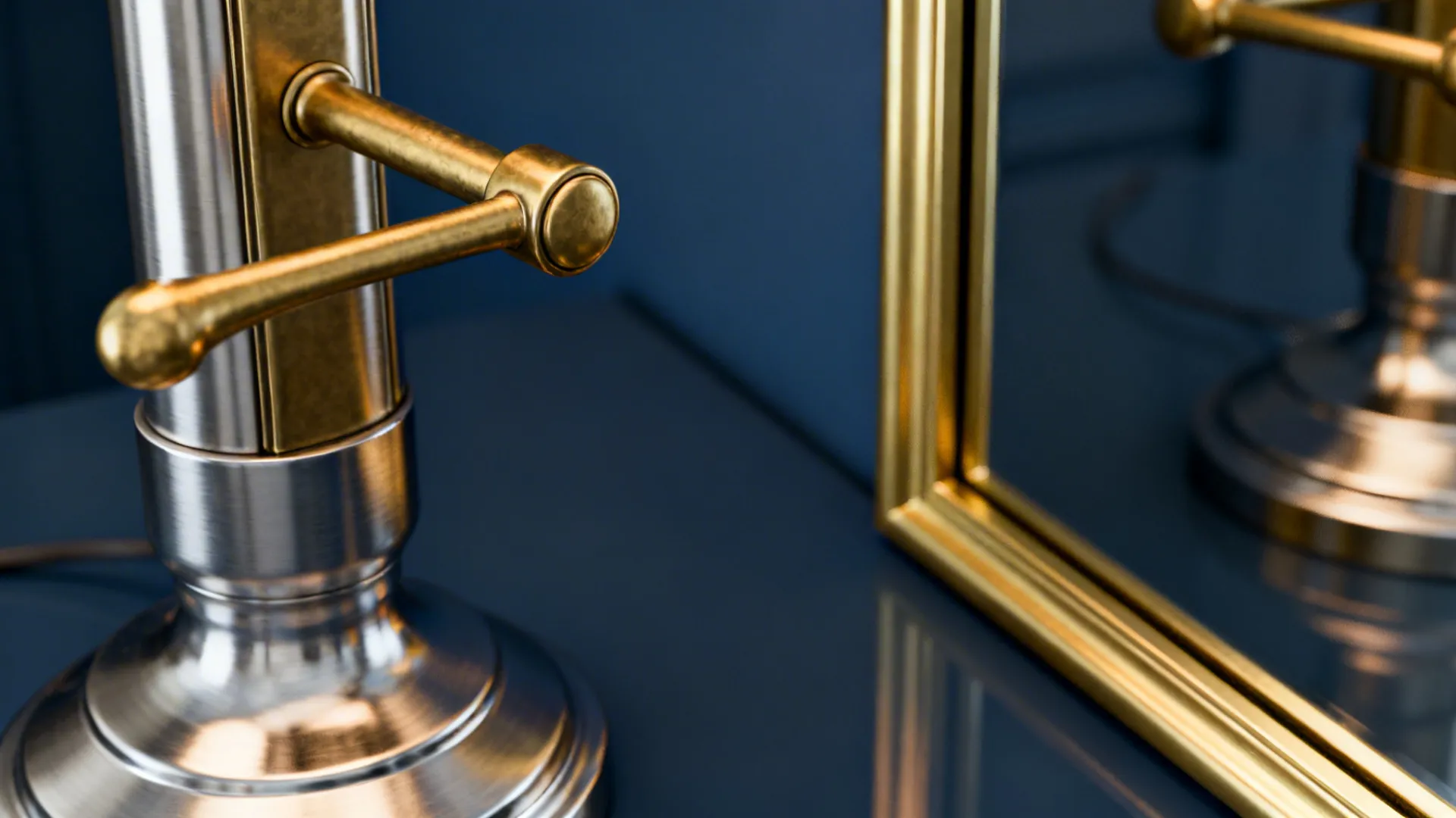 Close-up of brass and brushed nickel accents against a navy painted surface.