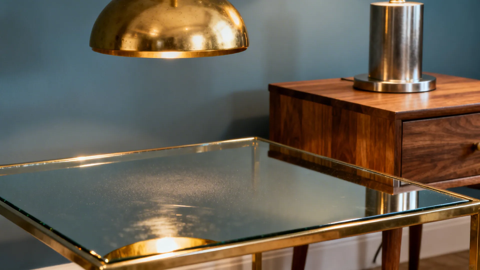Brass lighting and mirrored table edge reflecting warm highlights beside blue-grey accents
