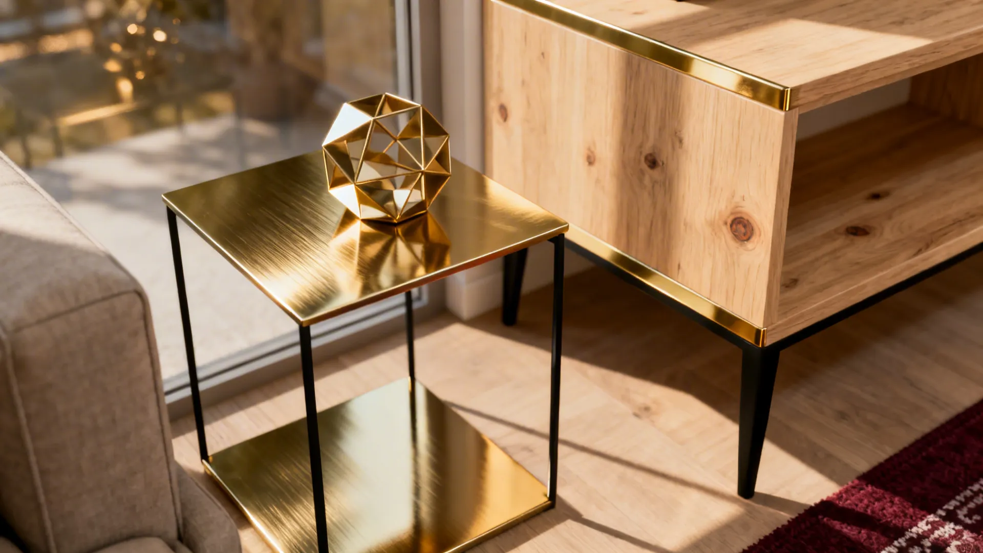 Brushed brass side table and black steel legs with a burgundy rug in a grey living room.