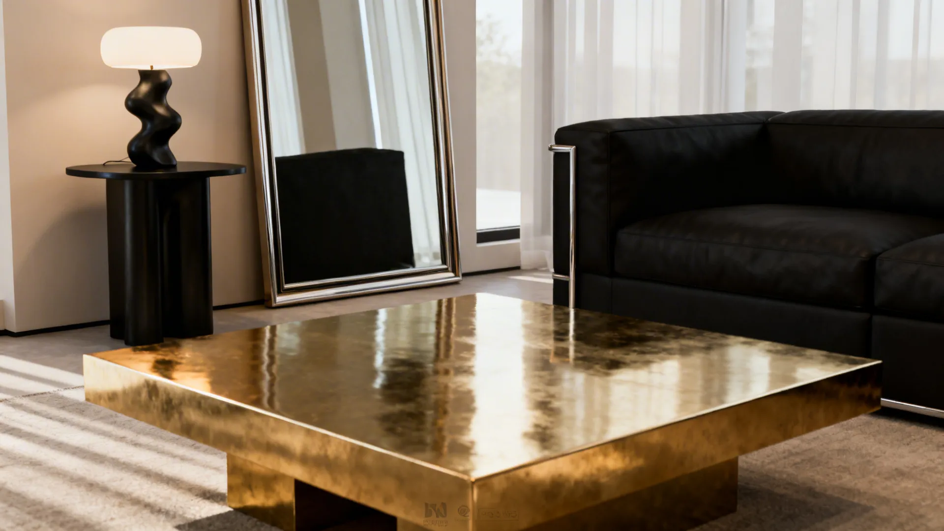 Brass coffee table and slim mirror reflecting light beside a black sectional