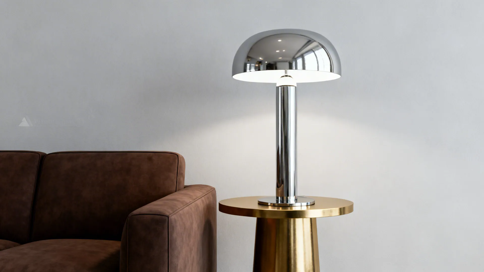 Chrome floor lamp and brass side table beside a chocolate brown sofa against a pale gray wall