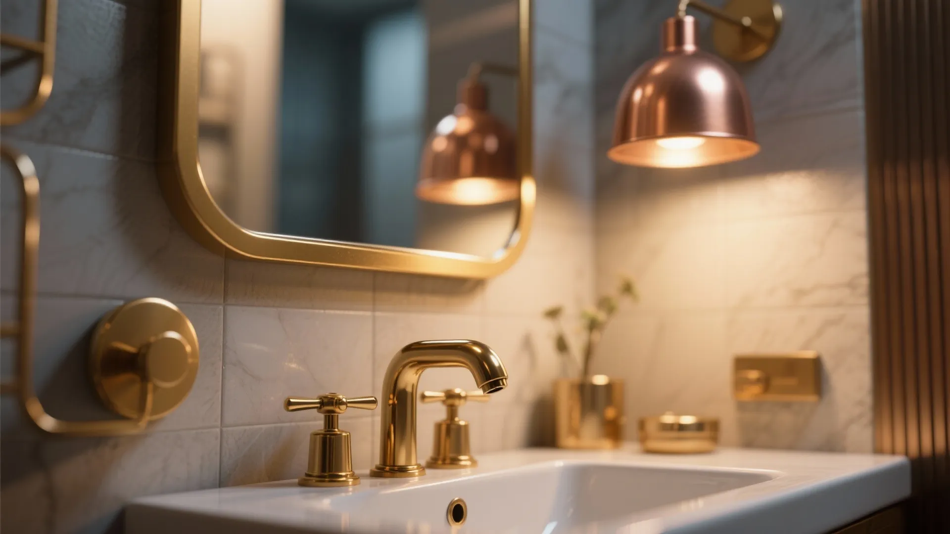 Modern bathroom sink with gold faucet and two warm copper wall lights over a mirror