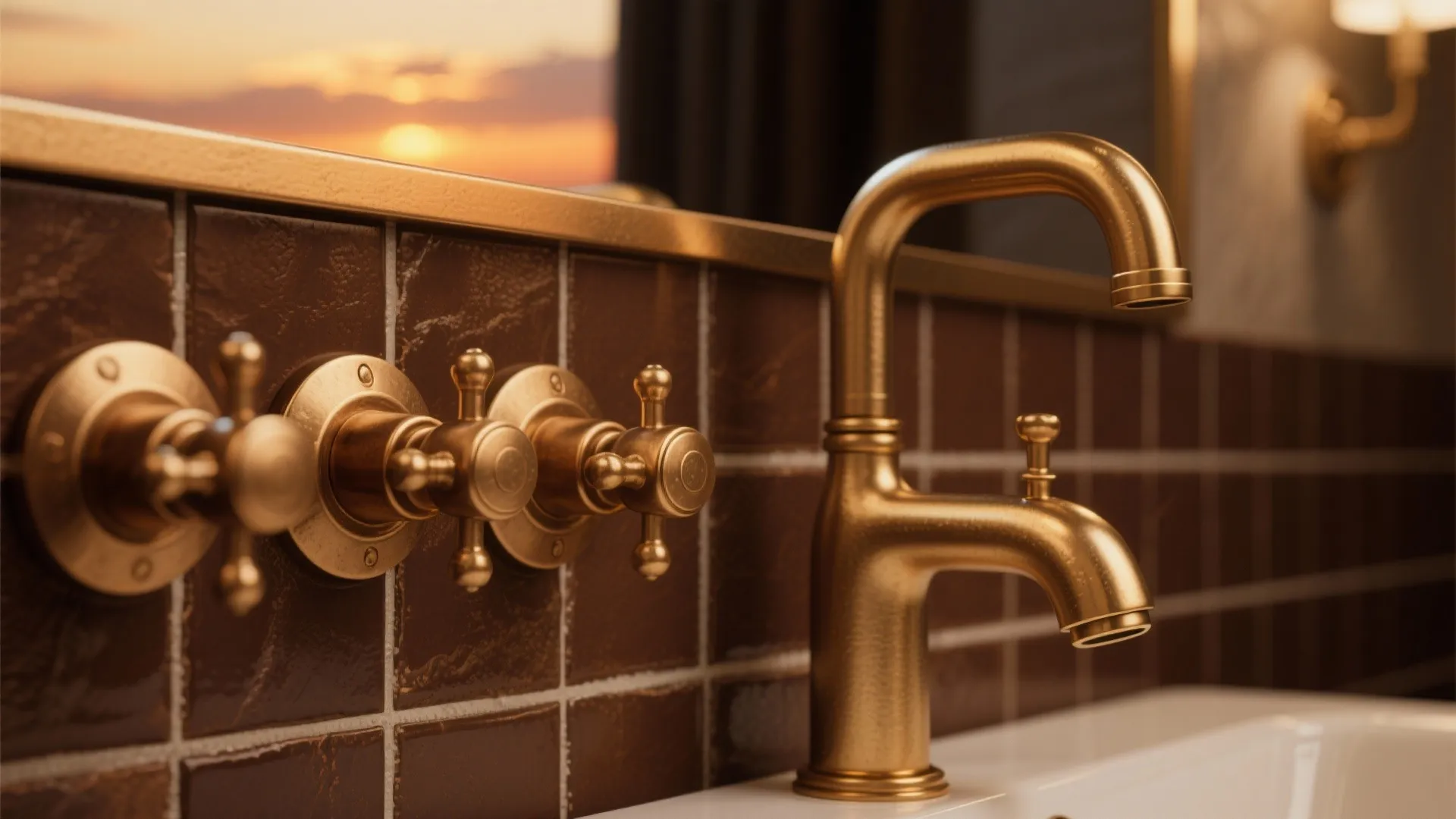 Brushed gold and bronze fixtures against chocolate brown tiles