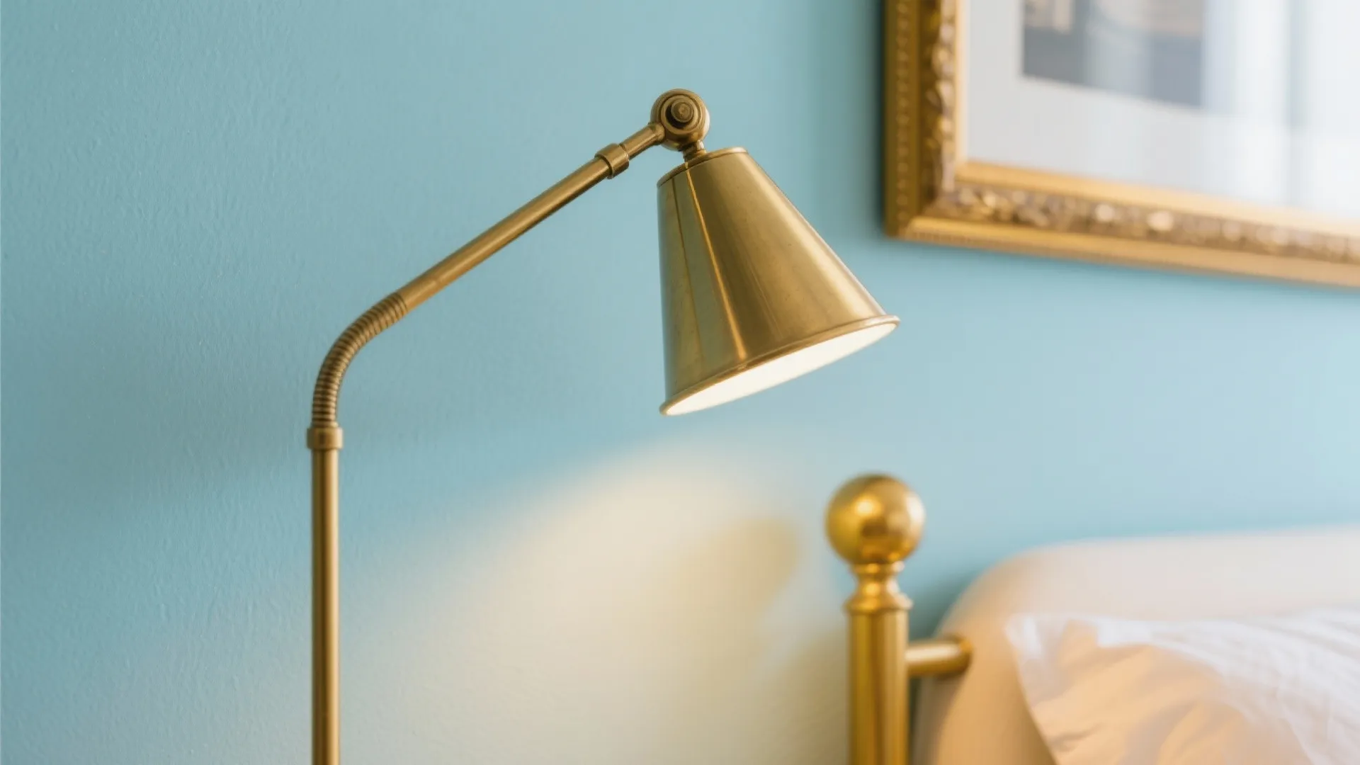 A close up of a gold metal light fixture against a blue wall and bed