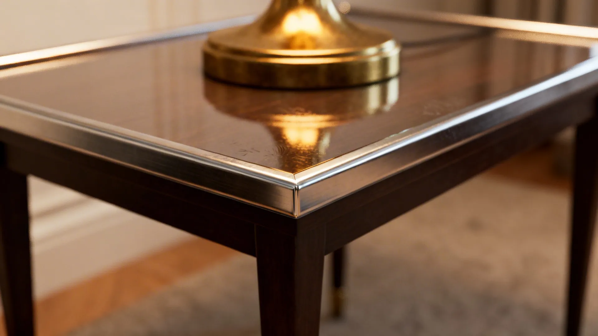 Brass and brushed nickel accents in a living room setting with warm reflections